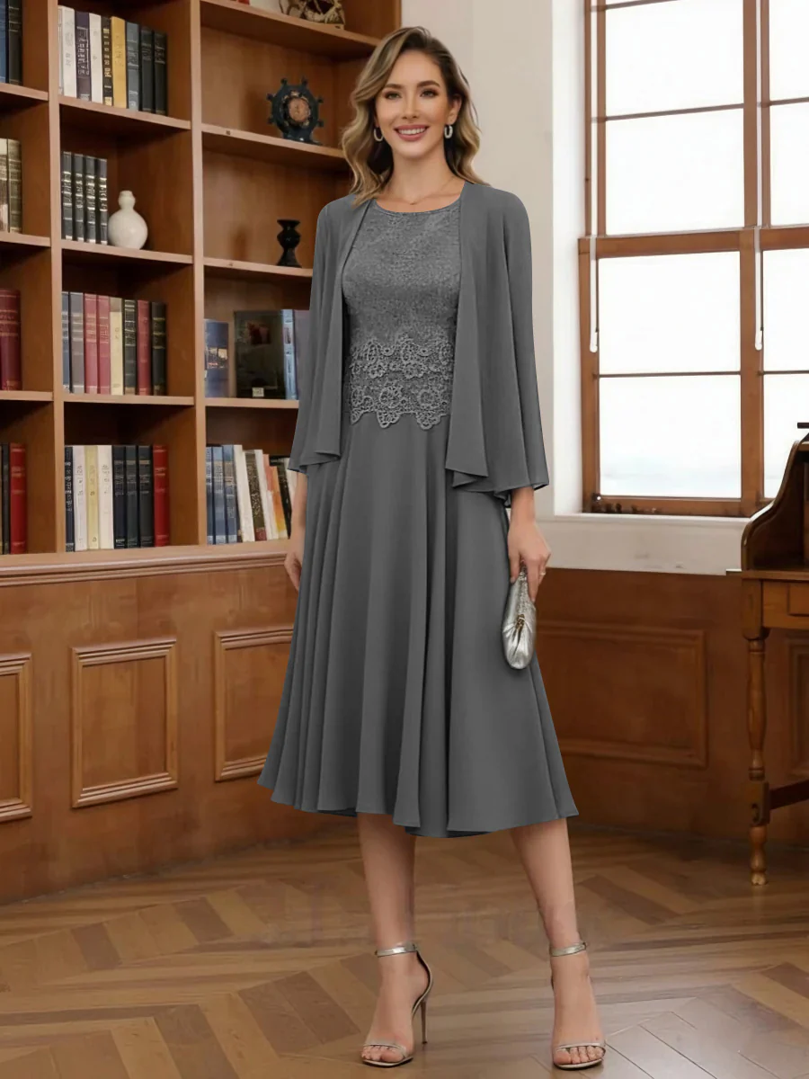 A-Line/Princess Scoop Chiffon Mother of the Bride Dresses with Jacket Tea-Length Long Sleeves Lace - Image 54