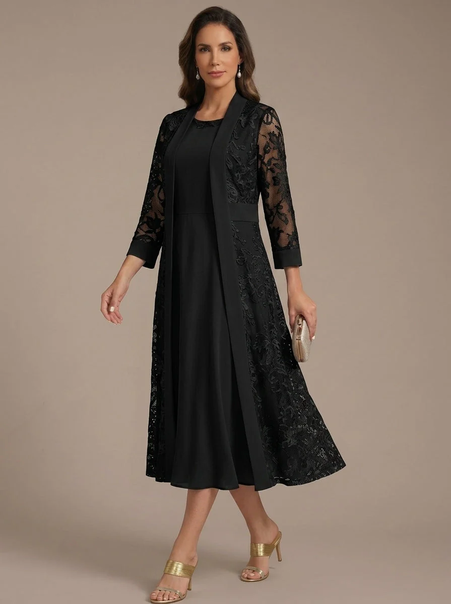 A-Line/Princess Scoop Chiffon Mother of the Bride Dresses with Lace Jacket 3/4 Sleeves Tea-Length - Image 5