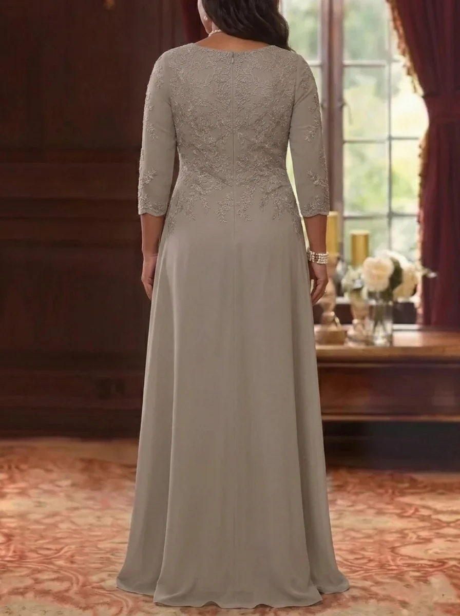 A-Line/Princess Scoop Chiffon Plus Size Mother of the Bride Dresses 3/4 Sleeves Lace Floor-Length With Pleated - Image 2