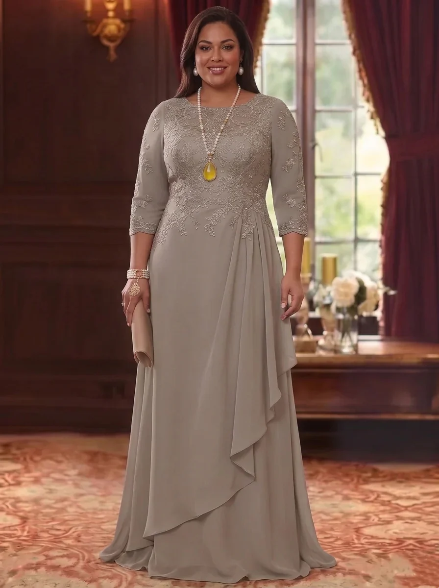 A-Line/Princess Scoop Chiffon Plus Size Mother of the Bride Dresses 3/4 Sleeves Lace Floor-Length With Pleated - Image 3