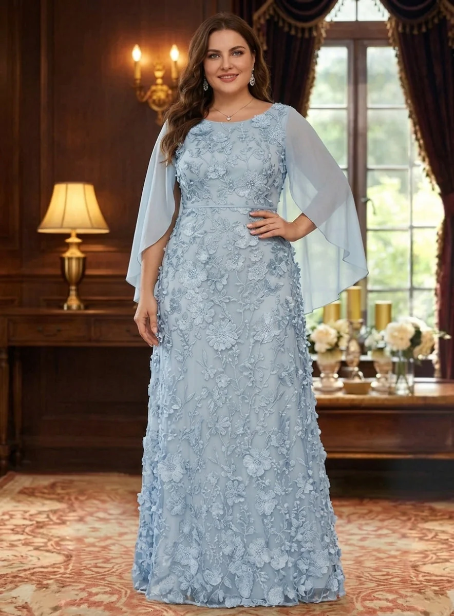 A-Line/Princess Scoop Chiffon Plus Size Mother of the Bride Dresses Lace Floral Floor-Length Cape Sleeves - Image 3