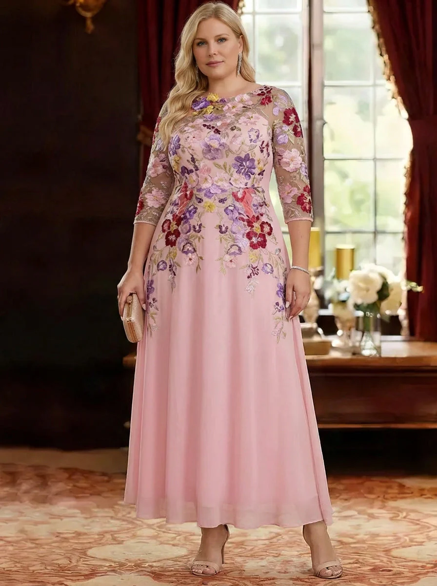 A-Line/Princess Scoop Chiffon Plus Size Mother of the Bride Dresses Lace Floral Half Sleeves Ankle-Length - Image 3