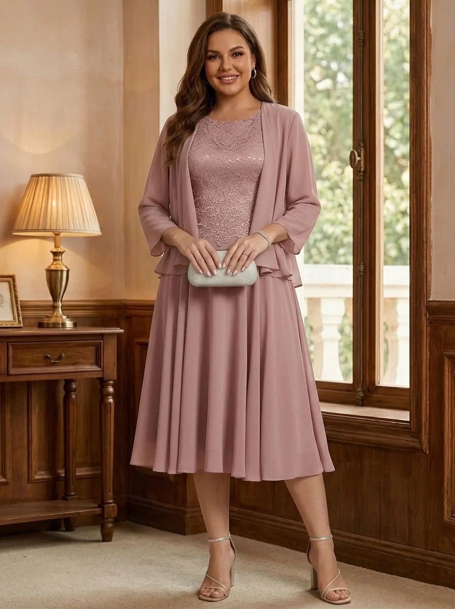 A-Line/Princess Scoop Chiffon Plus Size Mother of the Bride Dresses with Jacket Tea-Length Long Sleeves Lace - Image 5