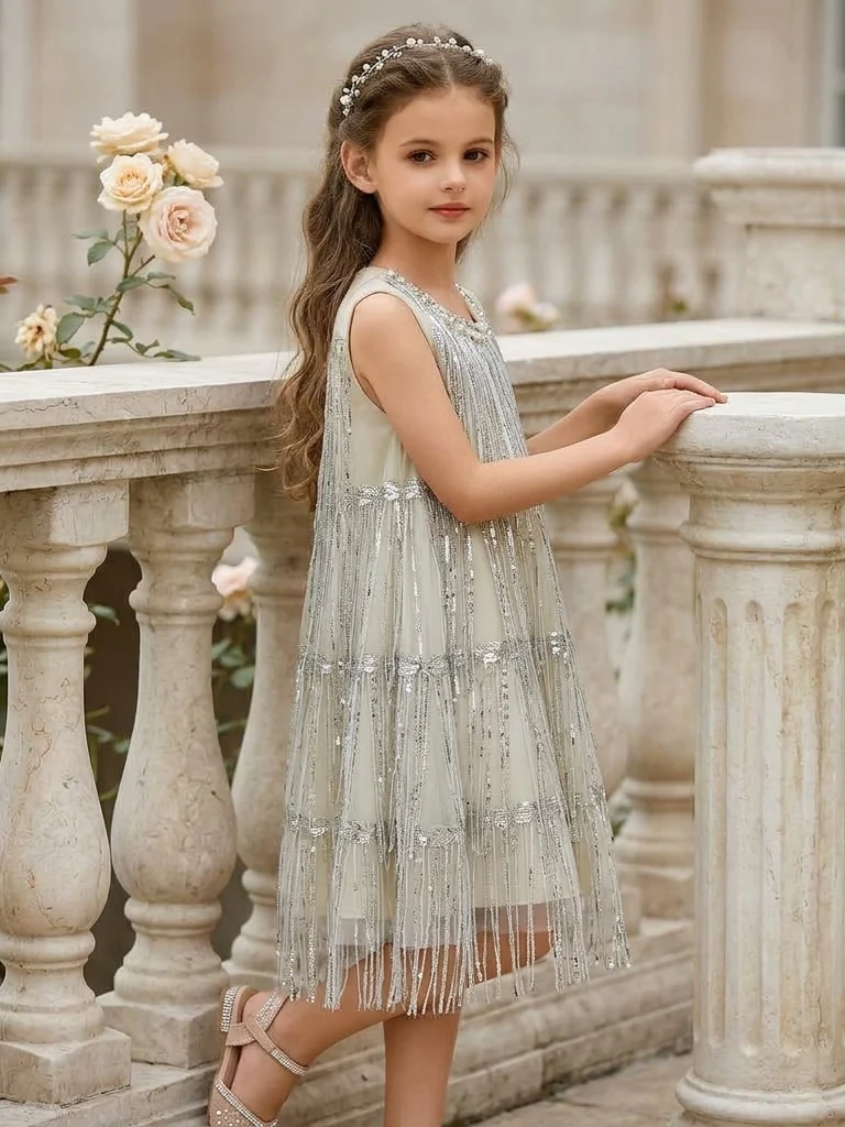 A-Line/Princess Scoop Flower Girl Dresses Sleeveless Tea-Length Sequins - Image 3