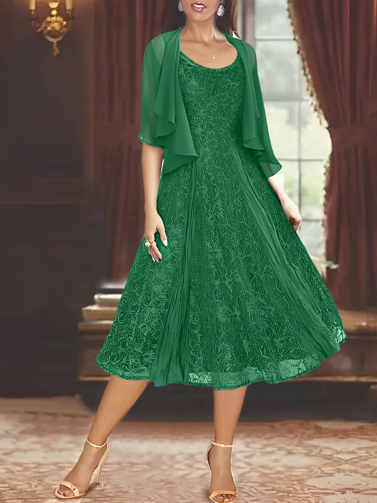 A-Line/Princess Scoop Half Sleeves Tea-Length Mother of the Bride Dresses with Appliques & Wrap - Image 29