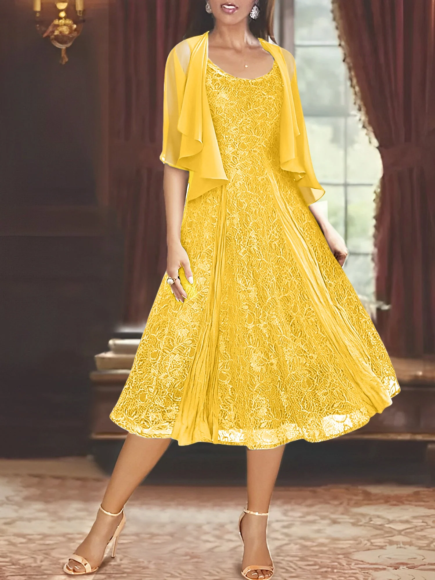 A-Line/Princess Scoop Half Sleeves Tea-Length Mother of the Bride Dresses with Appliques & Wrap - Image 33