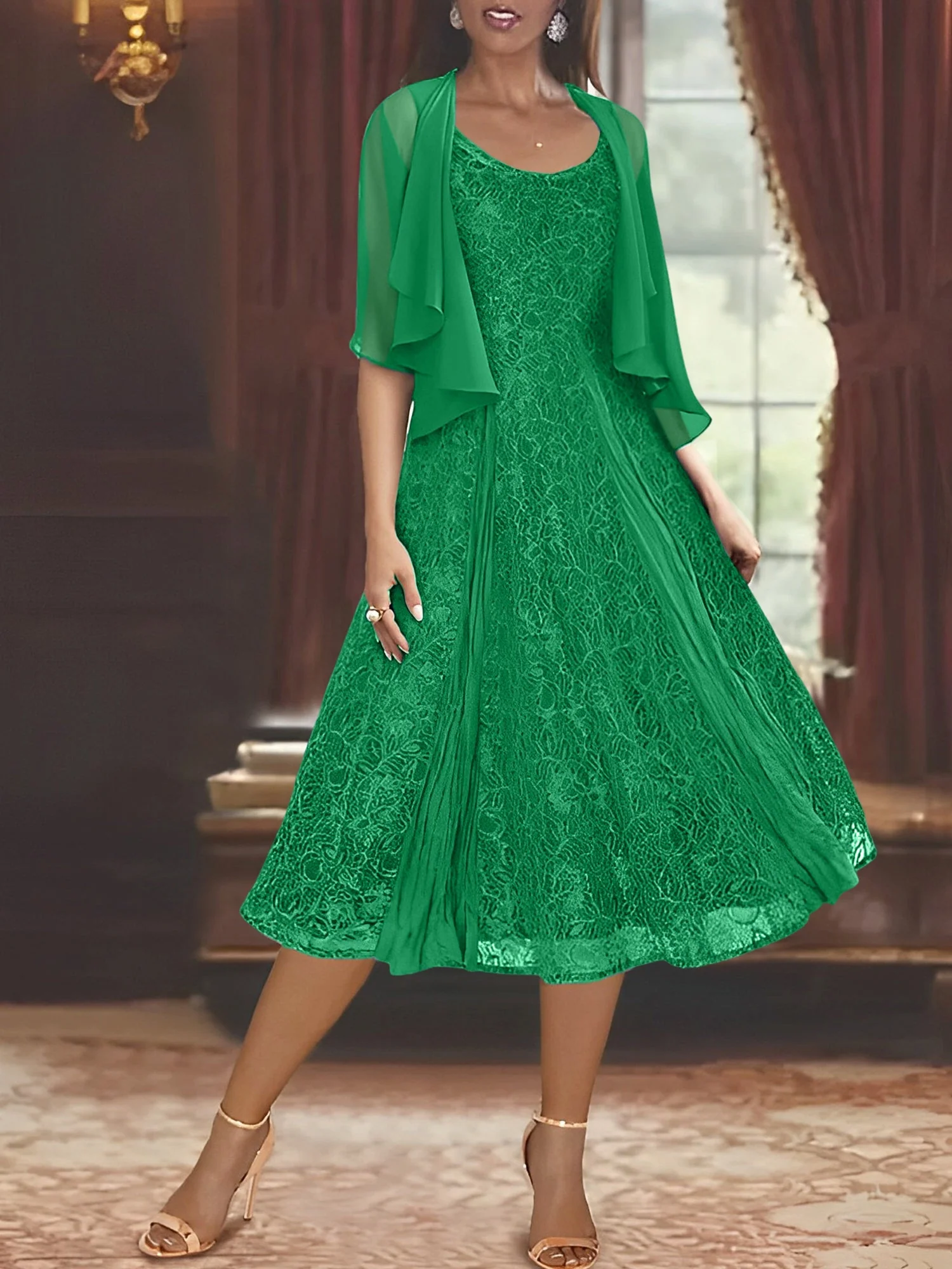A-Line/Princess Scoop Half Sleeves Tea-Length Mother of the Bride Dresses with Appliques & Wrap - Image 36