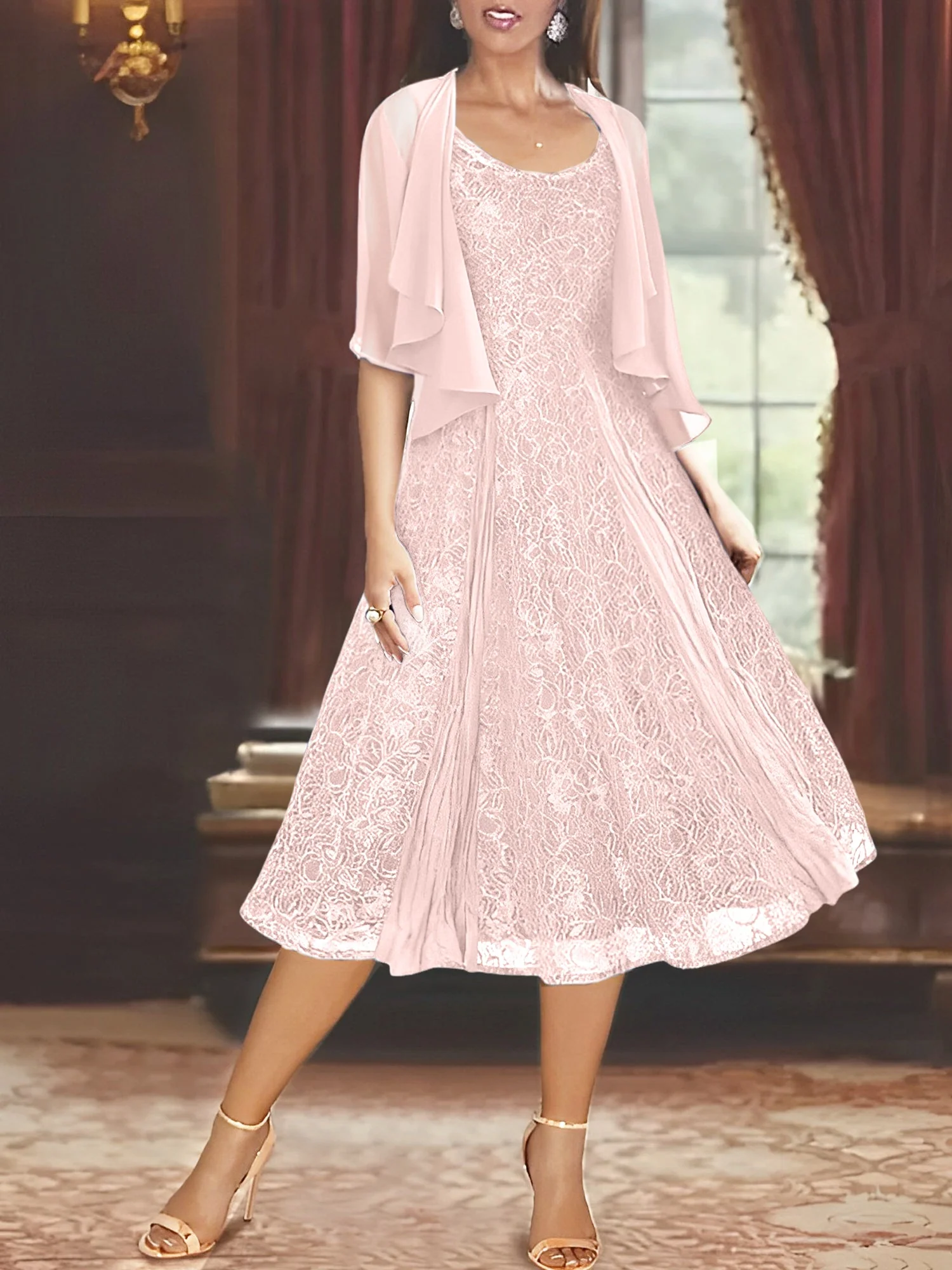 A-Line/Princess Scoop Half Sleeves Tea-Length Mother of the Bride Dresses with Appliques & Wrap - Image 41