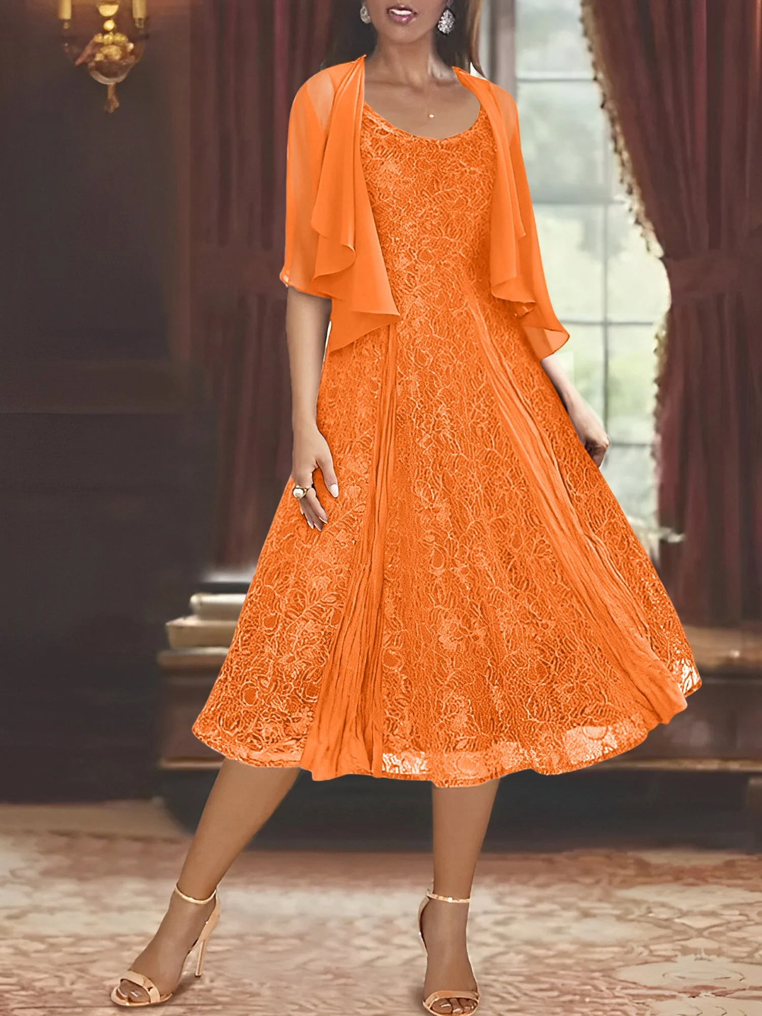A-Line/Princess Scoop Half Sleeves Tea-Length Mother of the Bride Dresses with Appliques & Wrap - Image 55