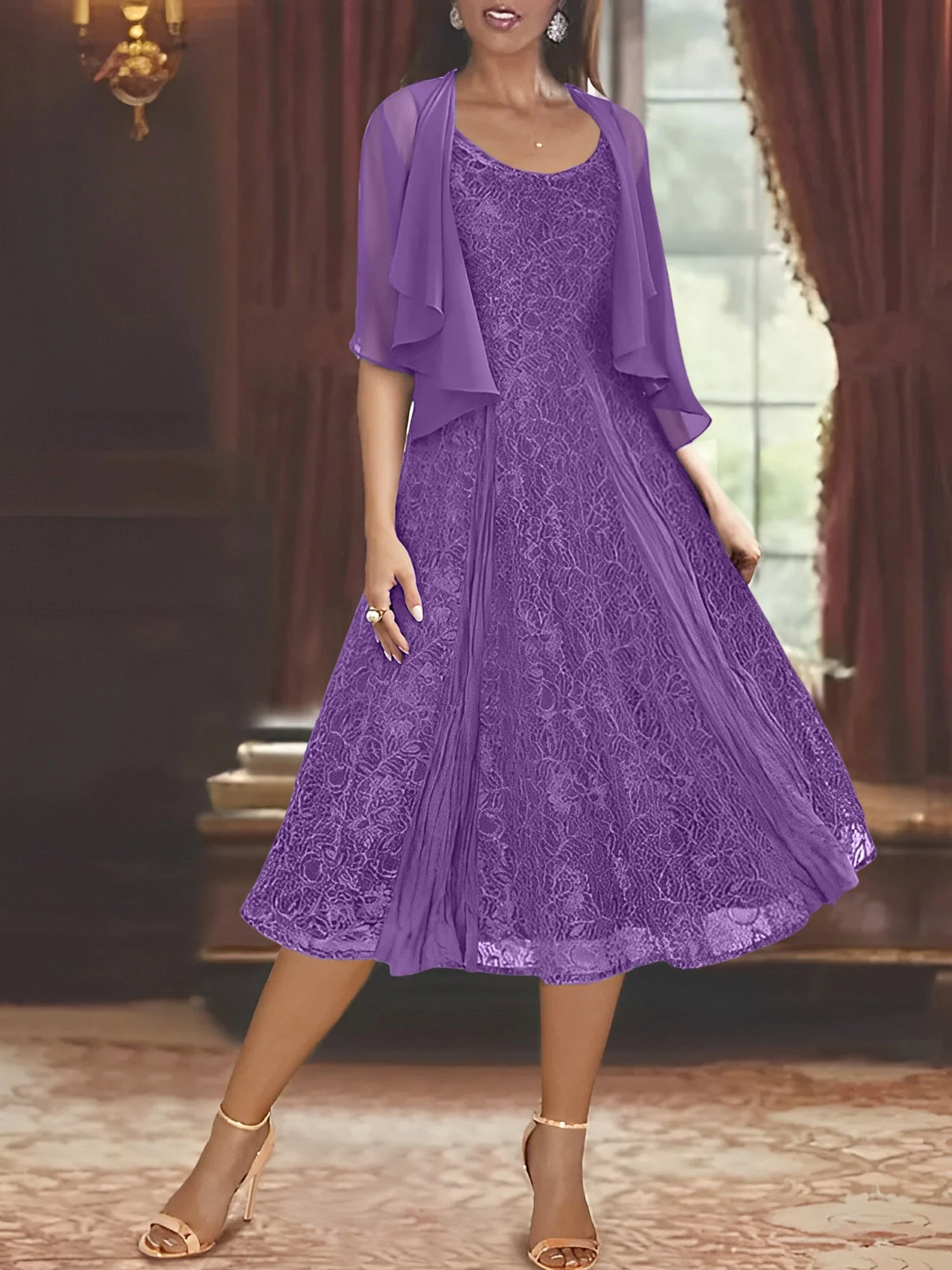 A-Line/Princess Scoop Half Sleeves Tea-Length Mother of the Bride Dresses with Appliques & Wrap - Image 6