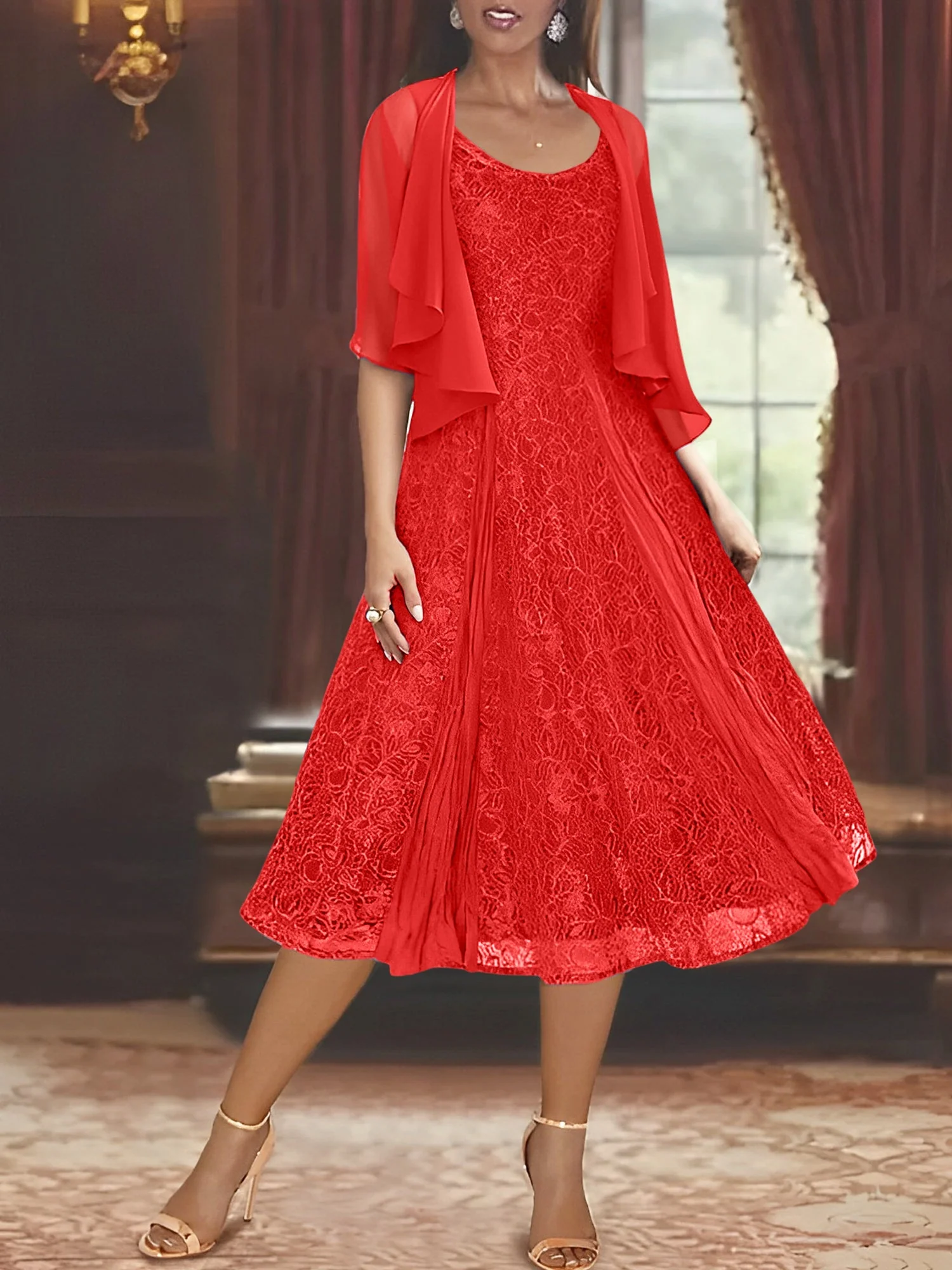 A-Line/Princess Scoop Half Sleeves Tea-Length Mother of the Bride Dresses with Appliques & Wrap - Image 60