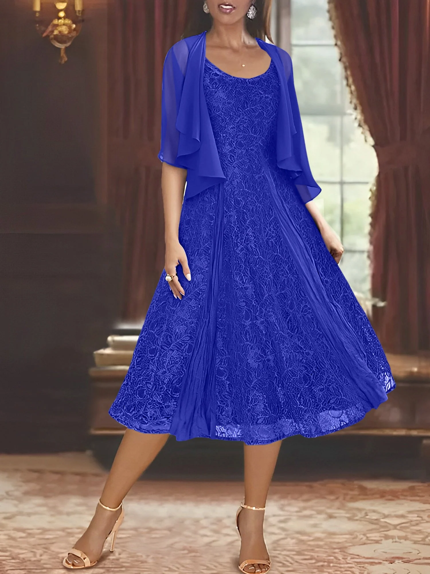 A-Line/Princess Scoop Half Sleeves Tea-Length Mother of the Bride Dresses with Appliques & Wrap - Image 61