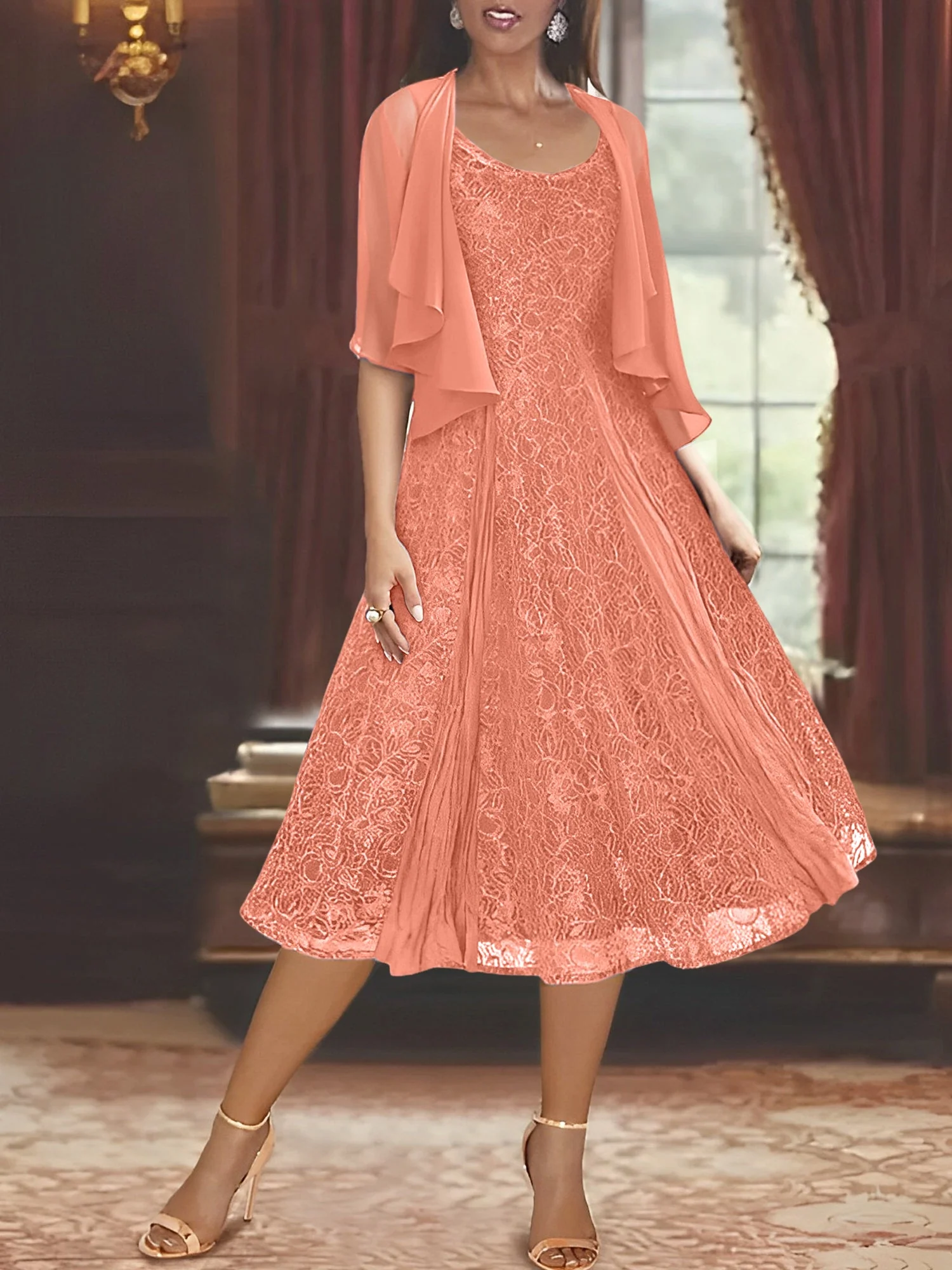 A-Line/Princess Scoop Half Sleeves Tea-Length Mother of the Bride Dresses with Appliques & Wrap - Image 64