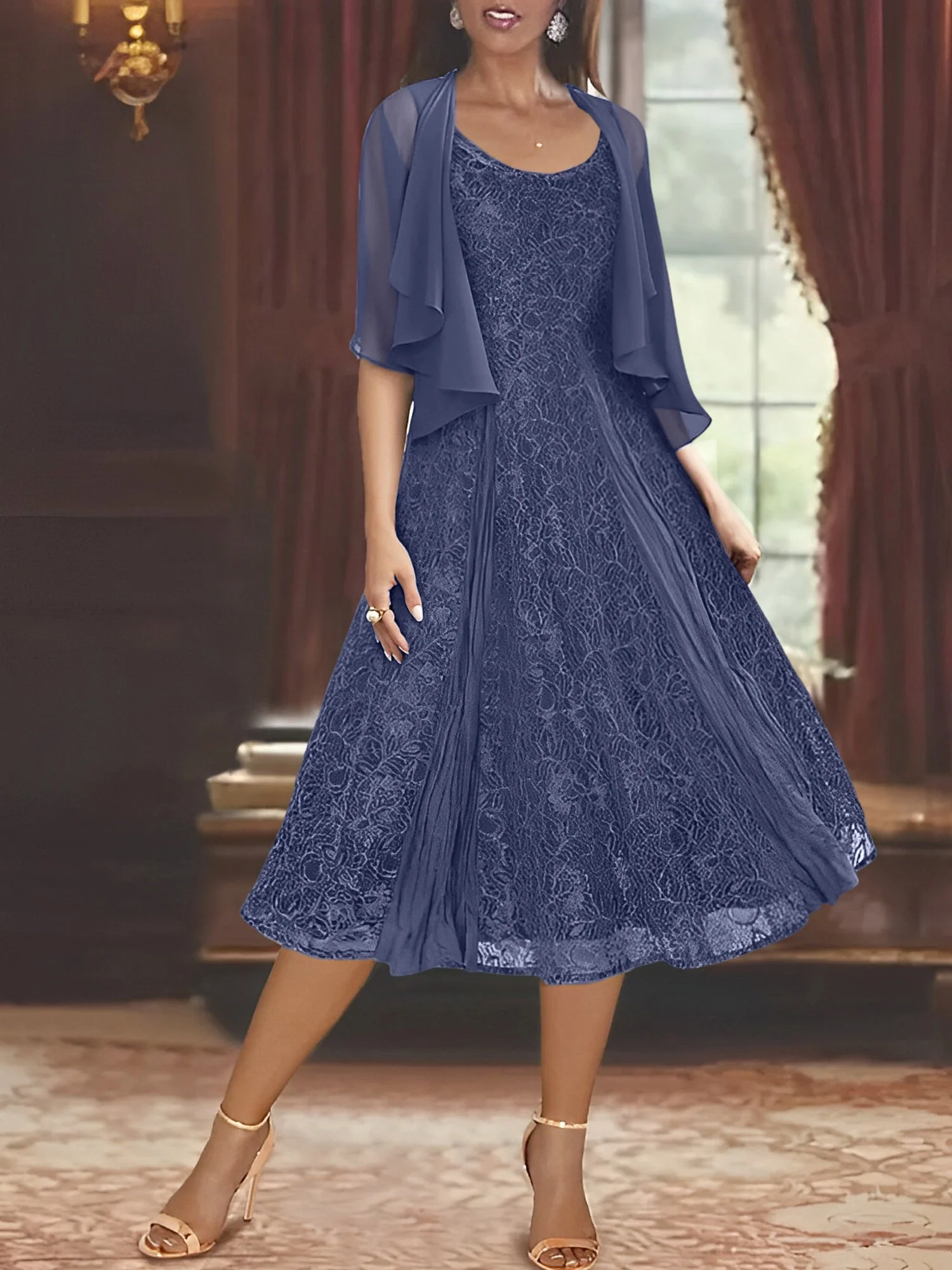 A-Line/Princess Scoop Half Sleeves Tea-Length Mother of the Bride Dresses with Appliques & Wrap - Image 68