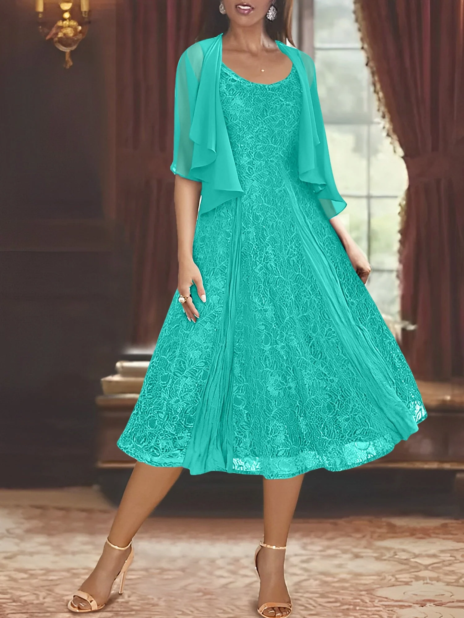 A-Line/Princess Scoop Half Sleeves Tea-Length Mother of the Bride Dresses with Appliques & Wrap - Image 71