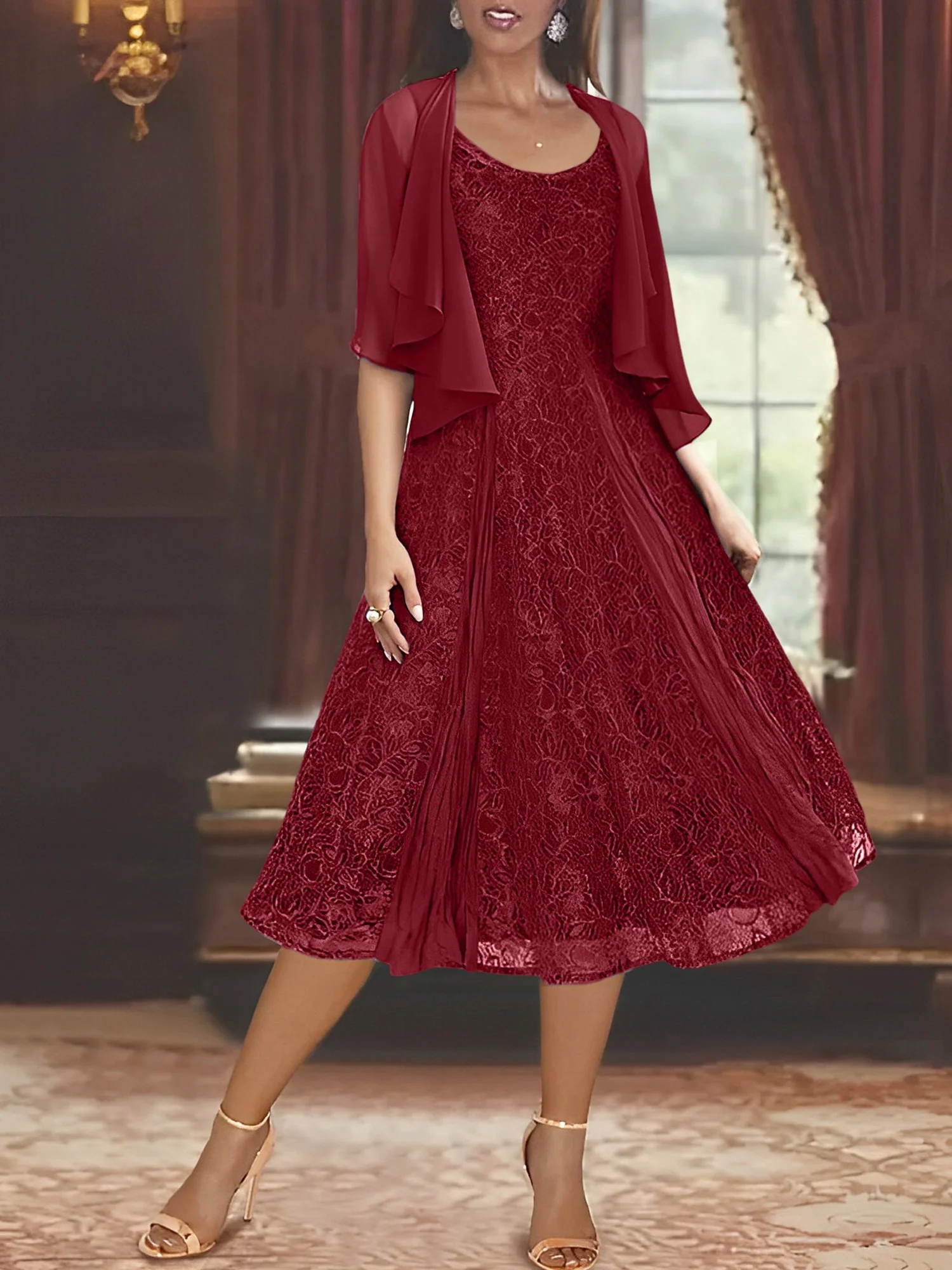 A-Line/Princess Scoop Half Sleeves Tea-Length Mother of the Bride Dresses with Appliques & Wrap - Image 73