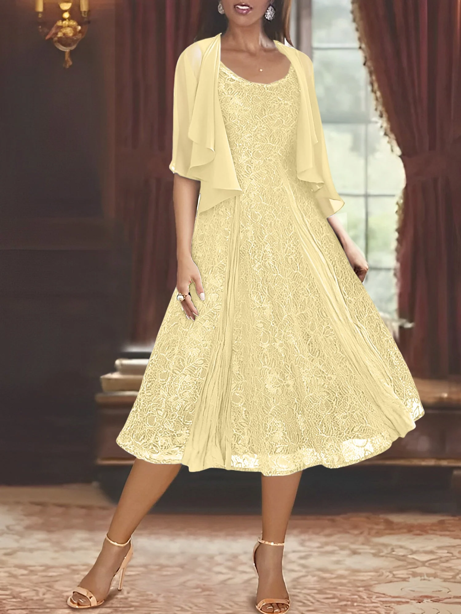 A-Line/Princess Scoop Half Sleeves Tea-Length Mother of the Bride Dresses with Appliques & Wrap - Image 75