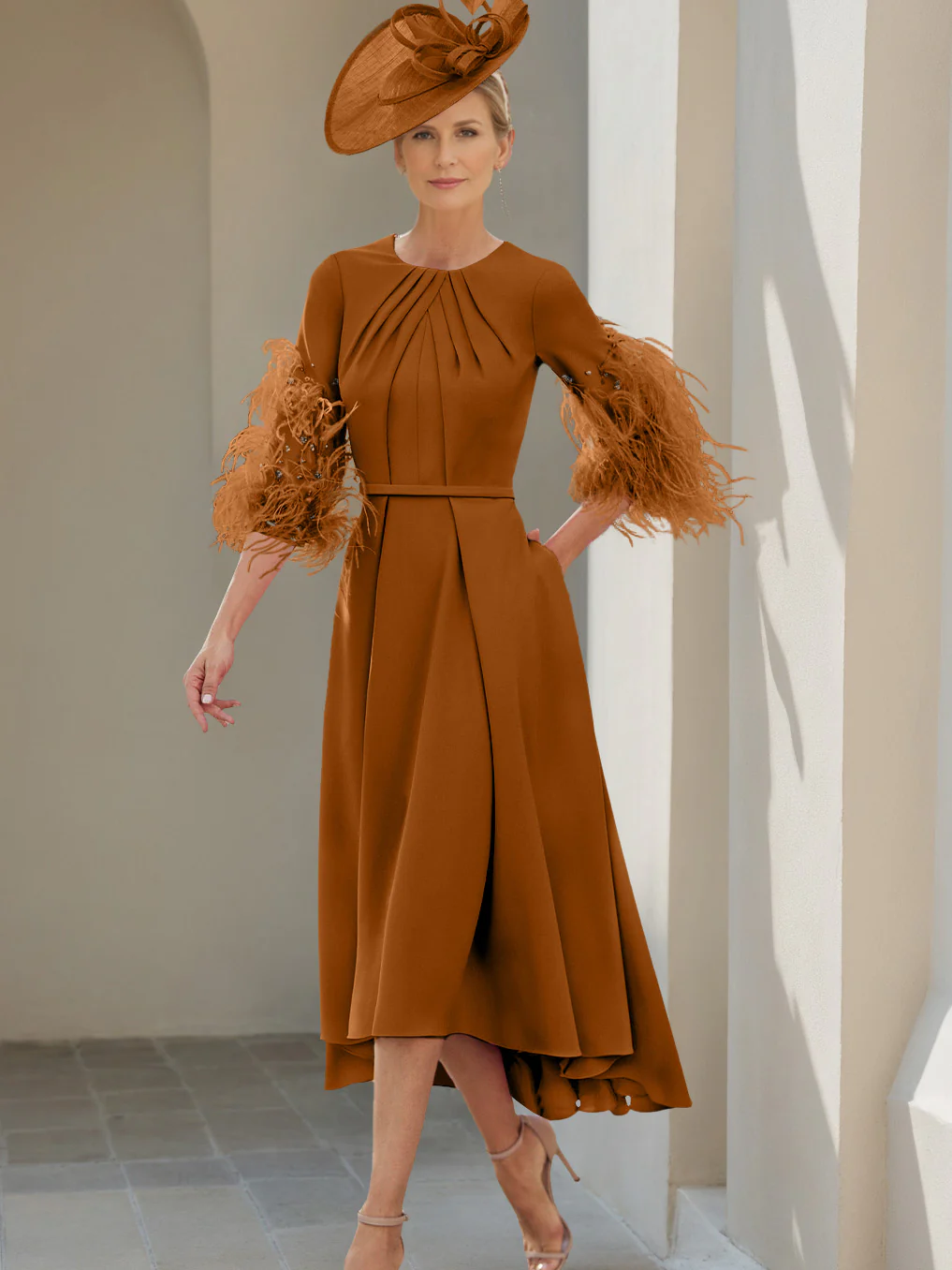 A-Line/Princess Scoop Half Sleeves Tea-Length Mother Of The Bride Dresses With Feathers - Image 11