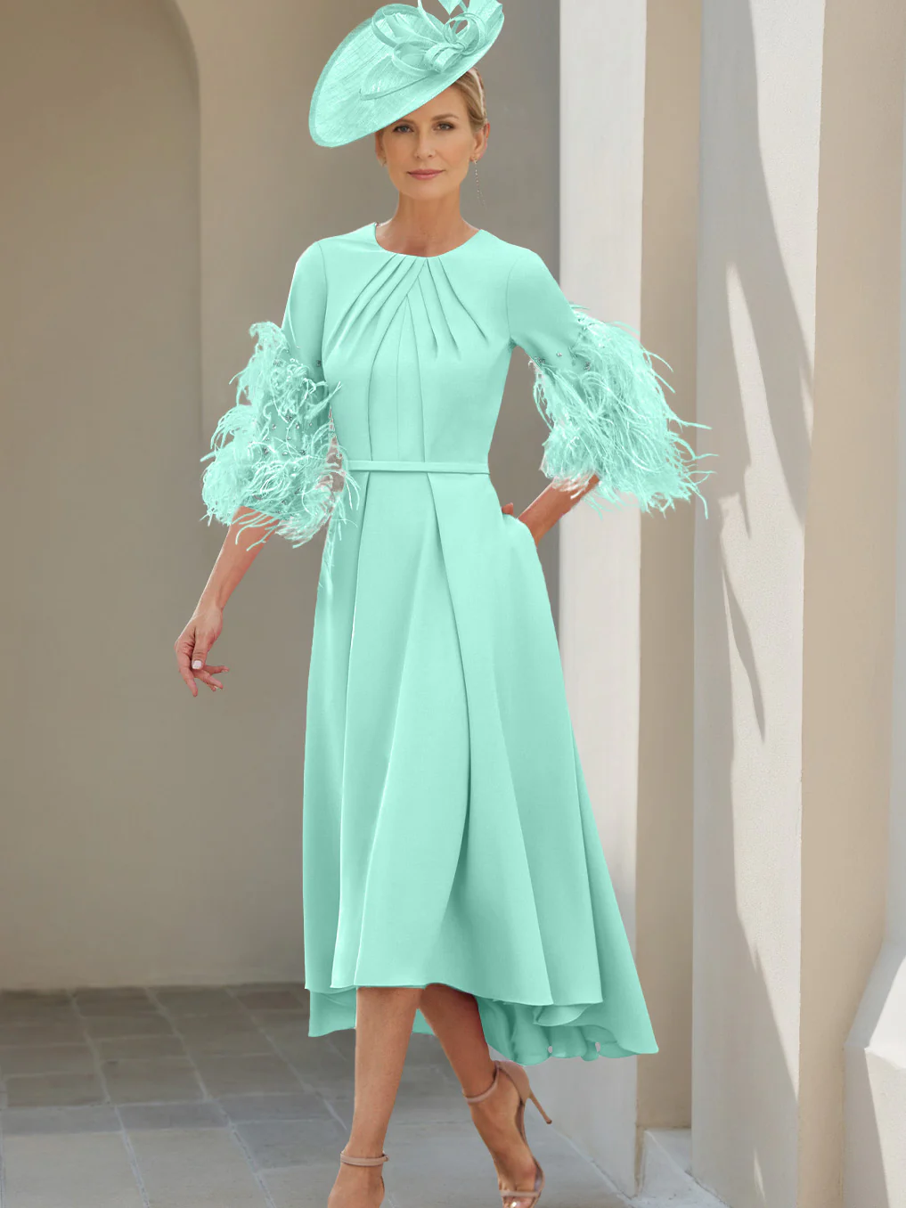 A-Line/Princess Scoop Half Sleeves Tea-Length Mother Of The Bride Dresses With Feathers - Image 24