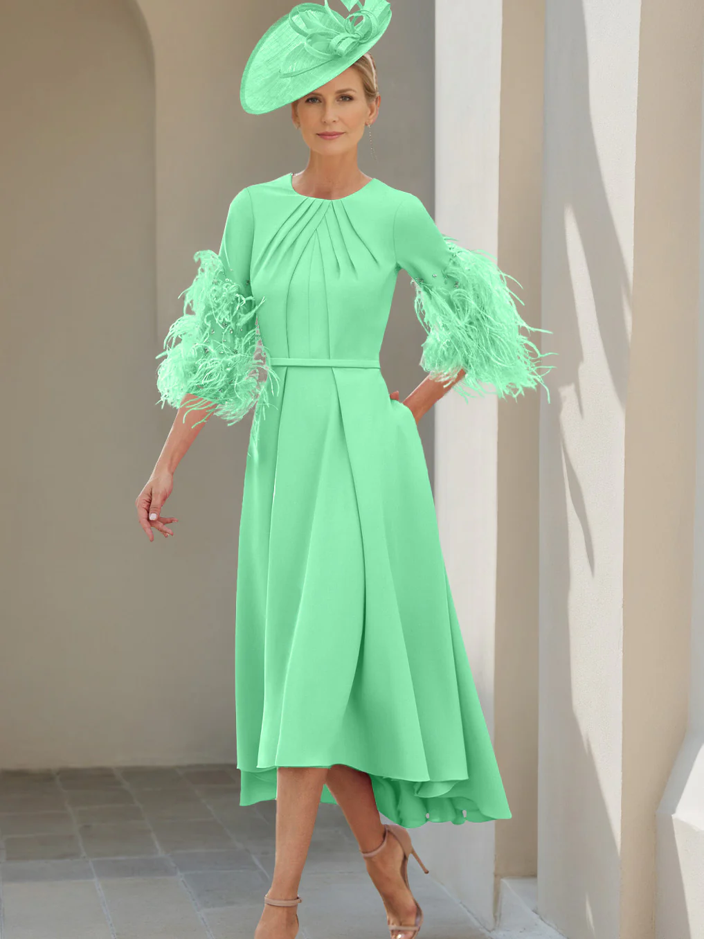 A-Line/Princess Scoop Half Sleeves Tea-Length Mother Of The Bride Dresses With Feathers - Image 27