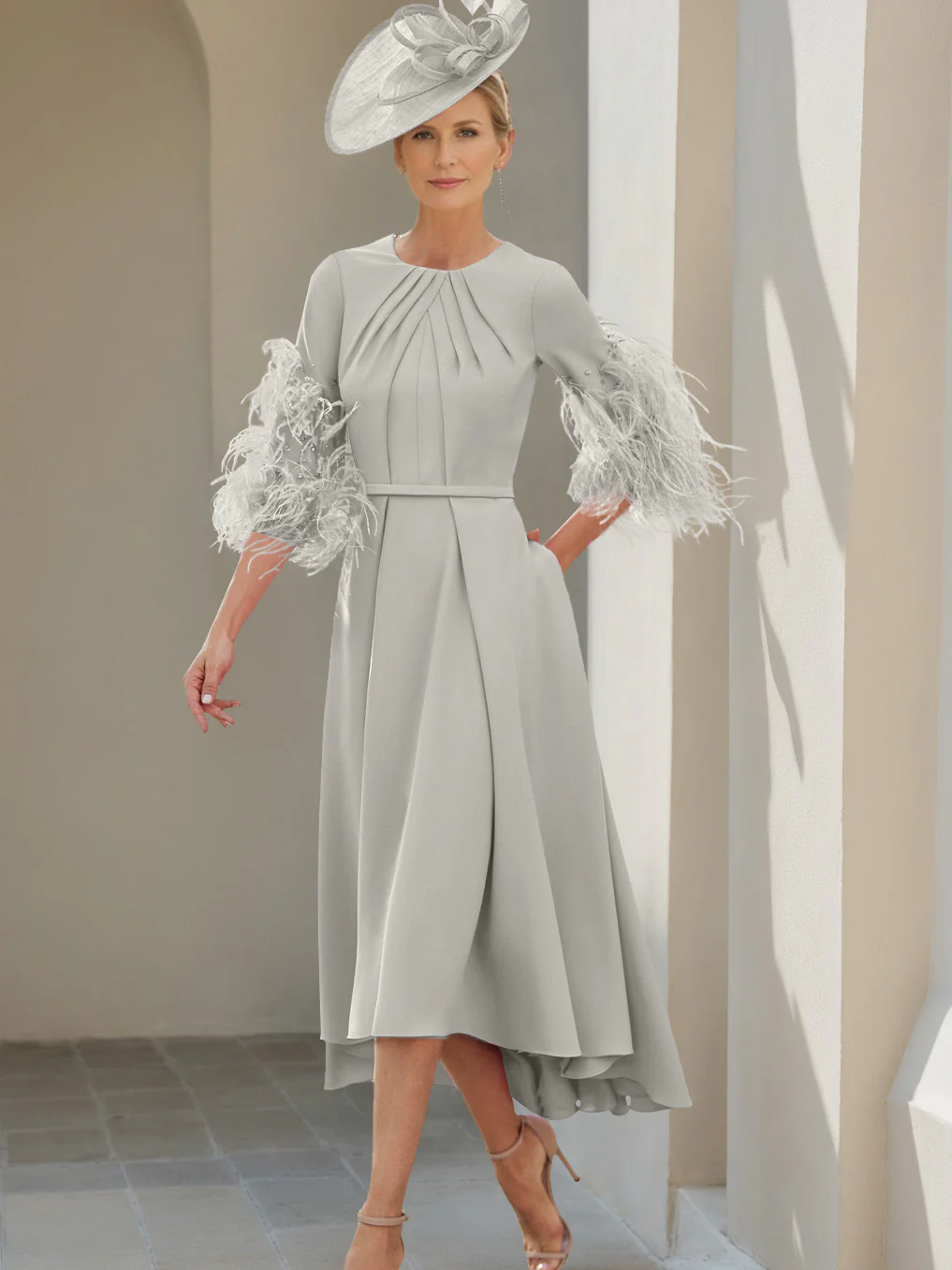 A-Line/Princess Scoop Half Sleeves Tea-Length Mother Of The Bride Dresses With Feathers - Image 4