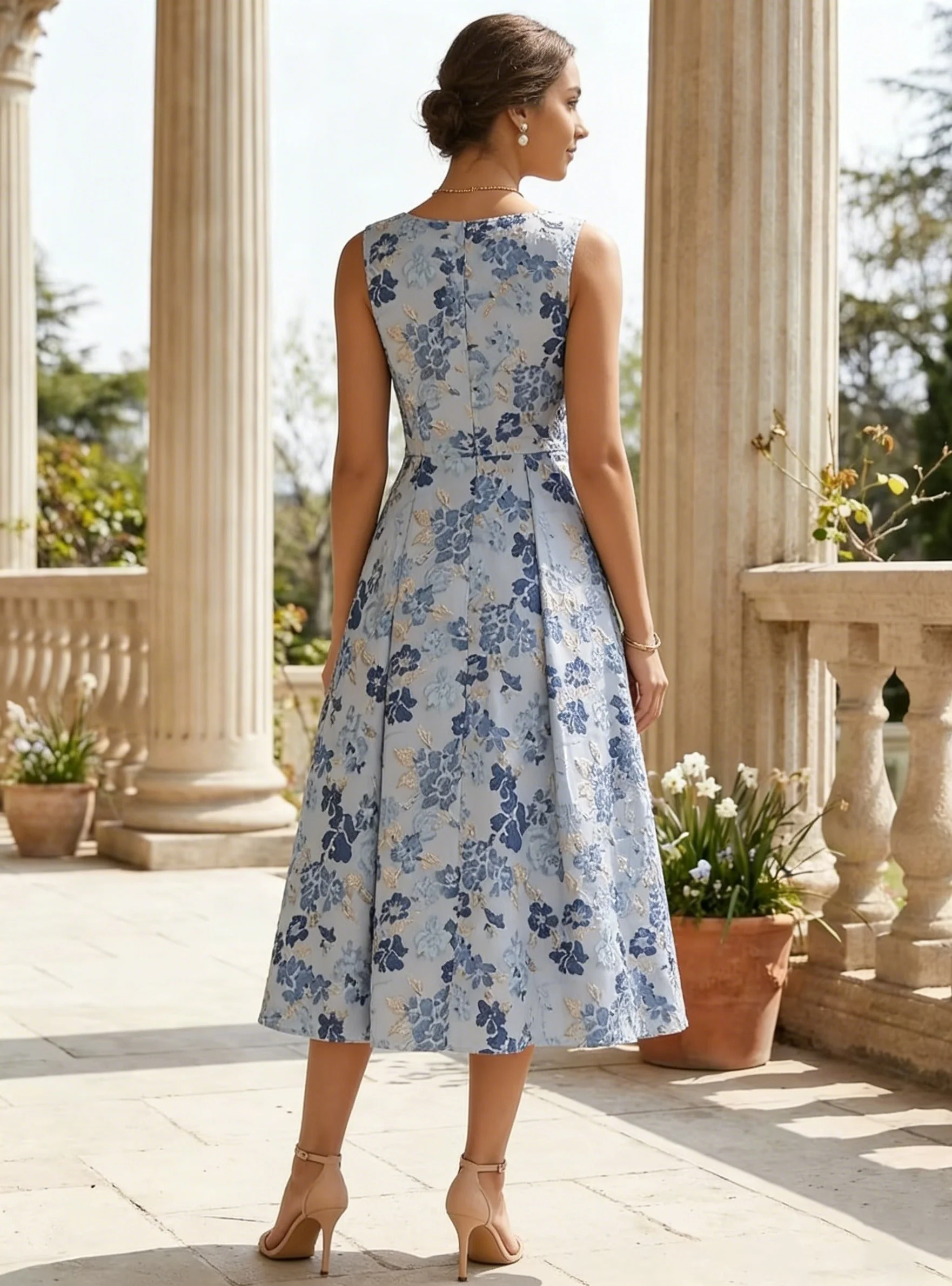 A-Line/Princess Scoop Jacquard Cocktail Dresses Tea-Length Floral Sleeveless Formal Dresses - Image 2