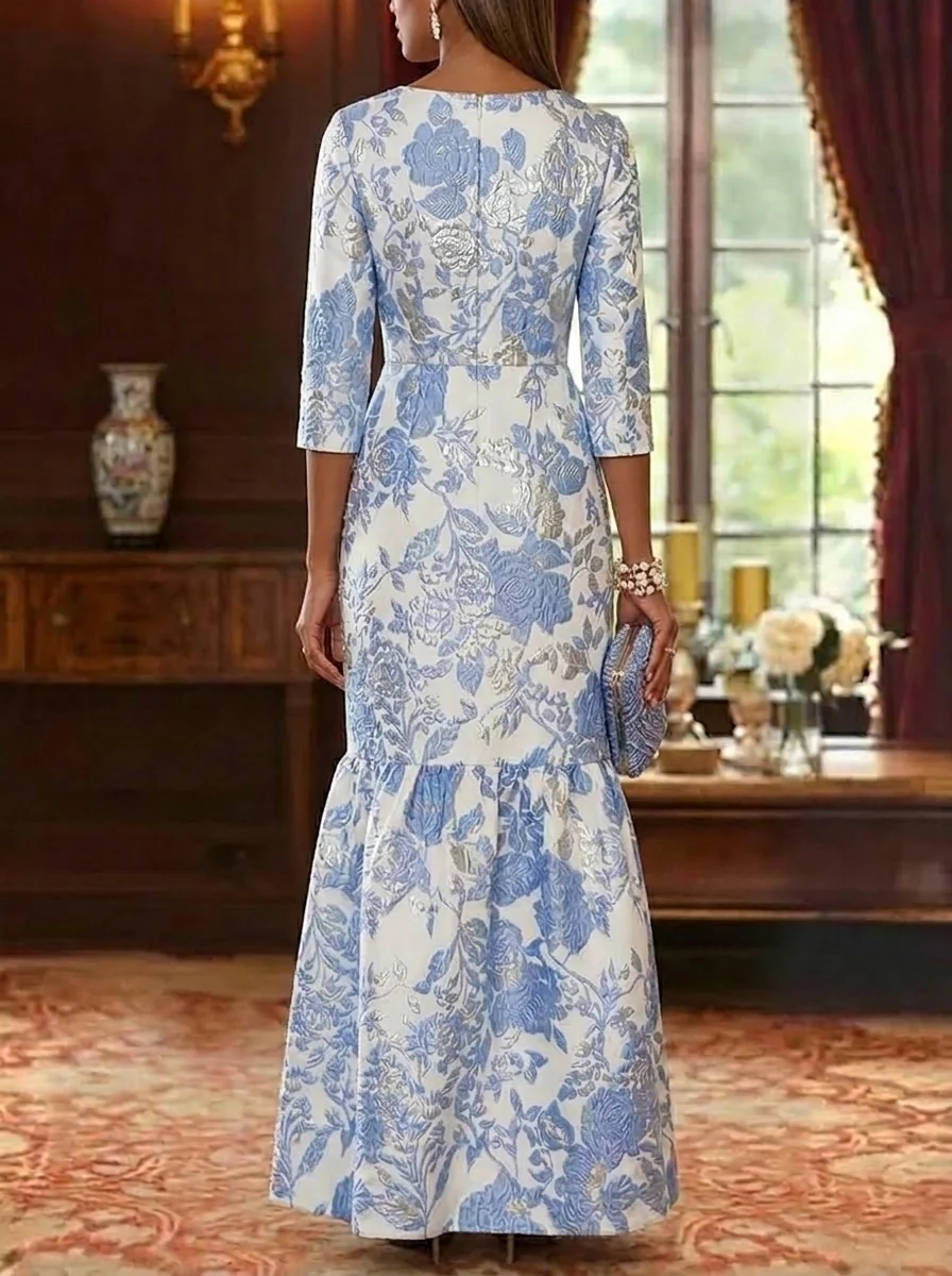 A-Line/Princess Scoop Jacquard Mother of the Bride Dresses Floral Floor-Length 3/4 Sleeves Ruffles - Image 2