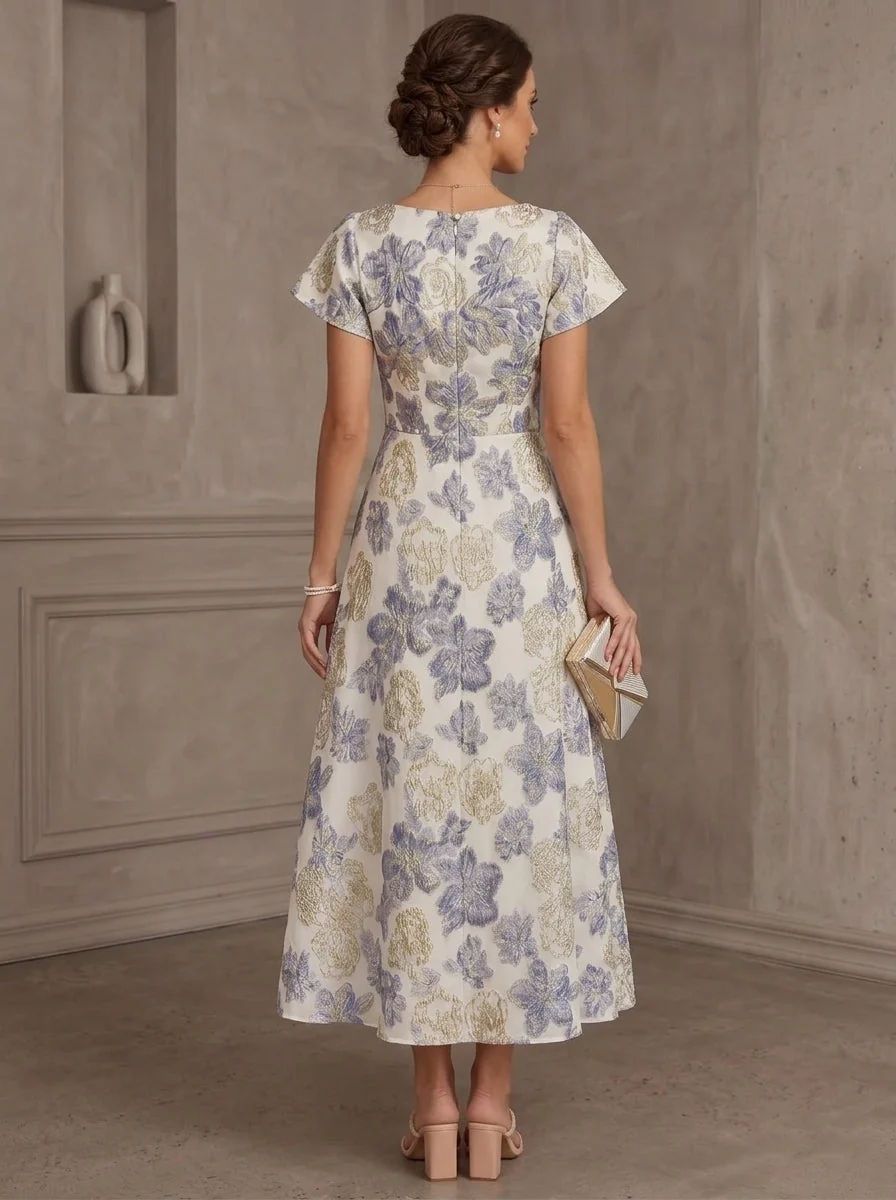 A-Line/Princess Scoop Jacquard Mother of the Bride Dresses Floral Short Sleeves Tea-Length - Image 2