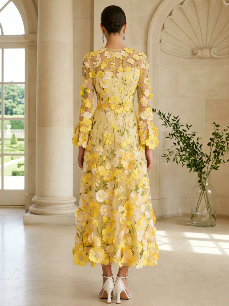 A-Line/Princess Scoop Lace Appliques Mother of the Bride Dresses Floral Long Sleeves Tea-Length - Image 2