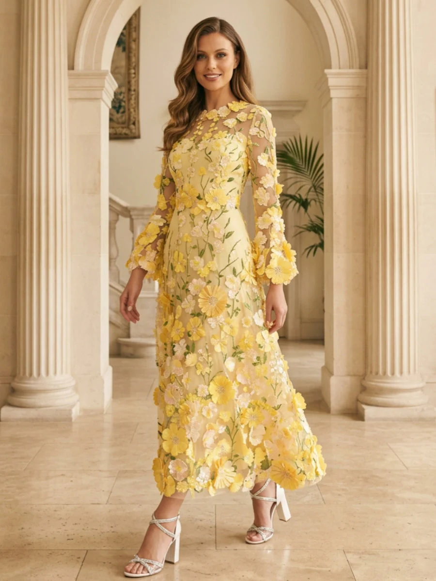 A-Line/Princess Scoop Lace Appliques Mother of the Bride Dresses Floral Long Sleeves Tea-Length - Image 3