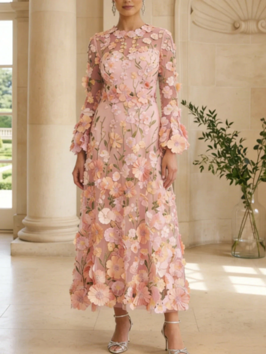 A-Line/Princess Scoop Lace Appliques Mother of the Bride Dresses Floral Long Sleeves Tea-Length - Image 4