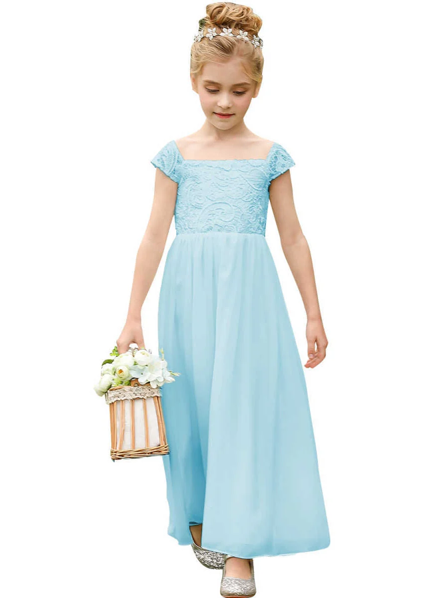 A-Line/Princess Scoop Lace Chiffon Flower Girl Dresses Sleeveless Ankle-Length With Bowknot - Image 3