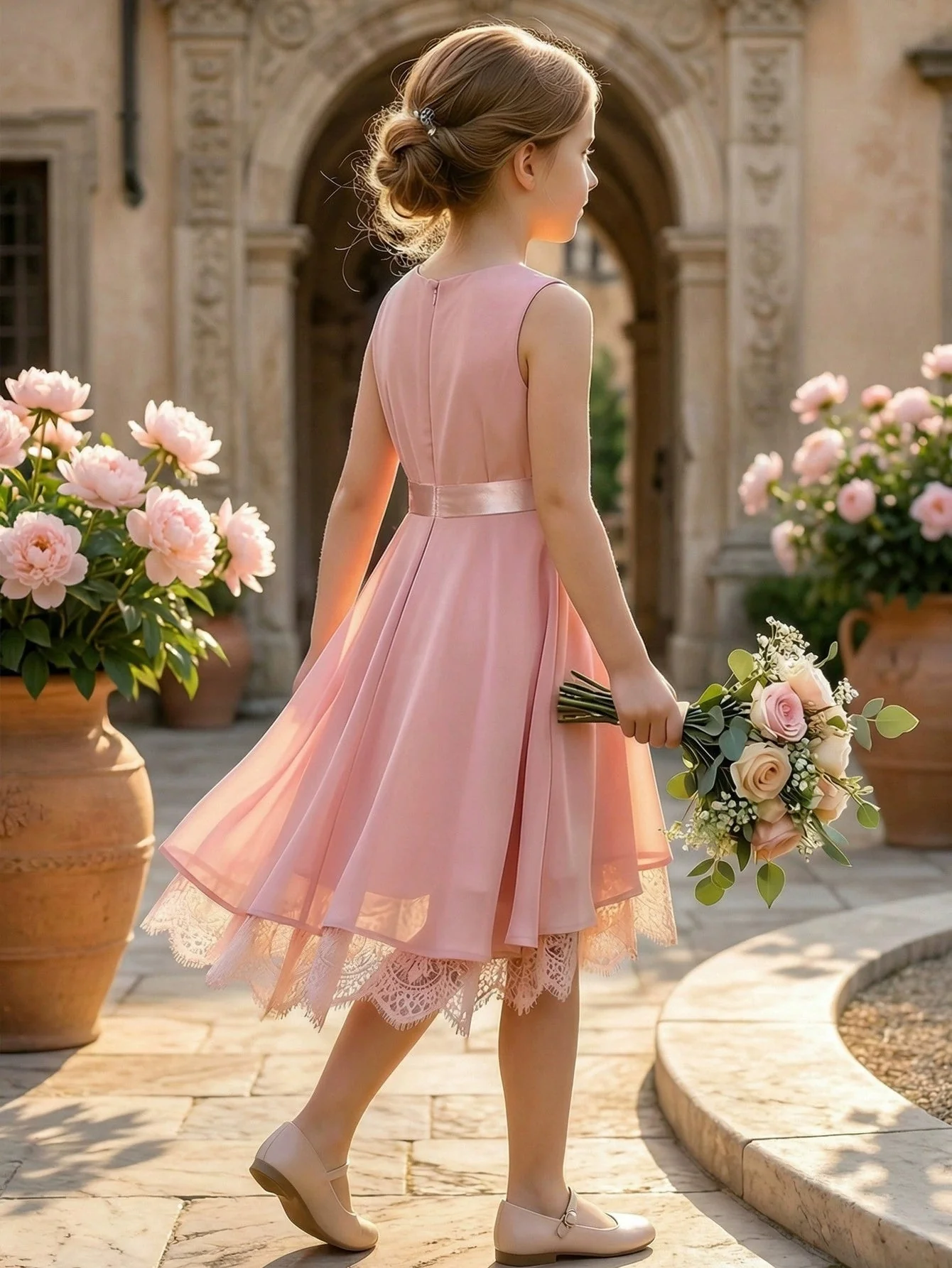 A-Line/Princess Scoop Lace Chiffon Flower Girl Dresses Sleeveless Tea-Length With Bowknot - Image 2
