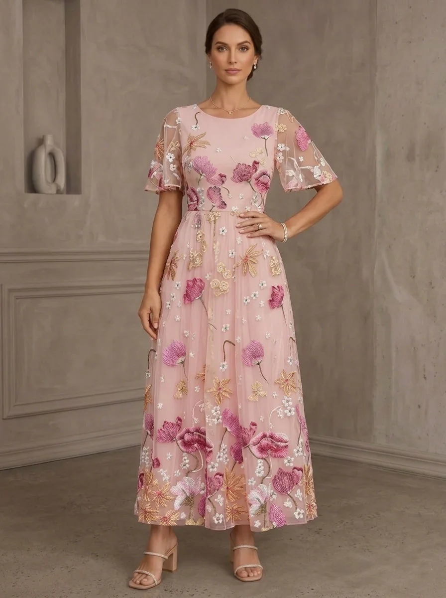 A-Line/Princess Scoop Lace Embroidery Mother of the Bride Dresses Floral Short Sleeves Ankle-Length