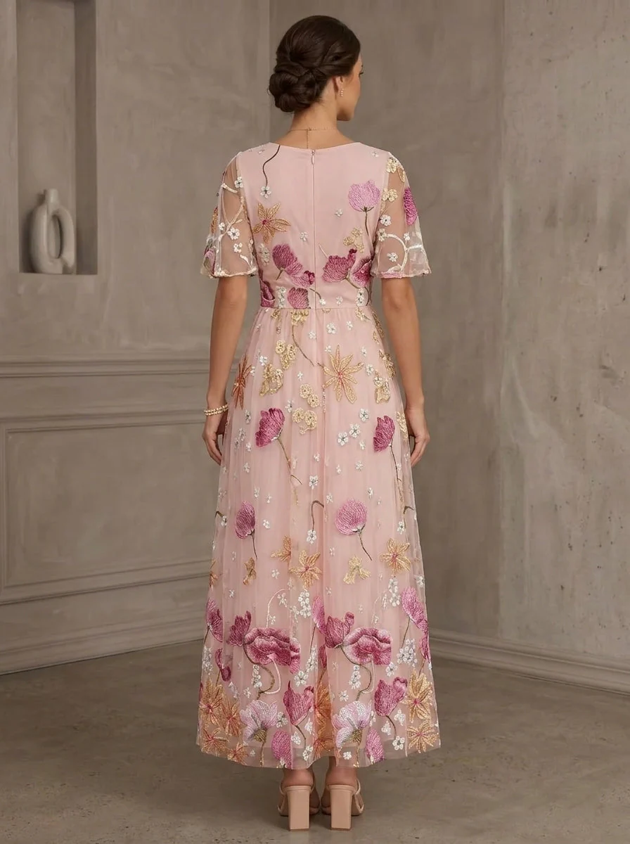 A-Line/Princess Scoop Lace Embroidery Mother of the Bride Dresses Floral Short Sleeves Ankle-Length - Image 2