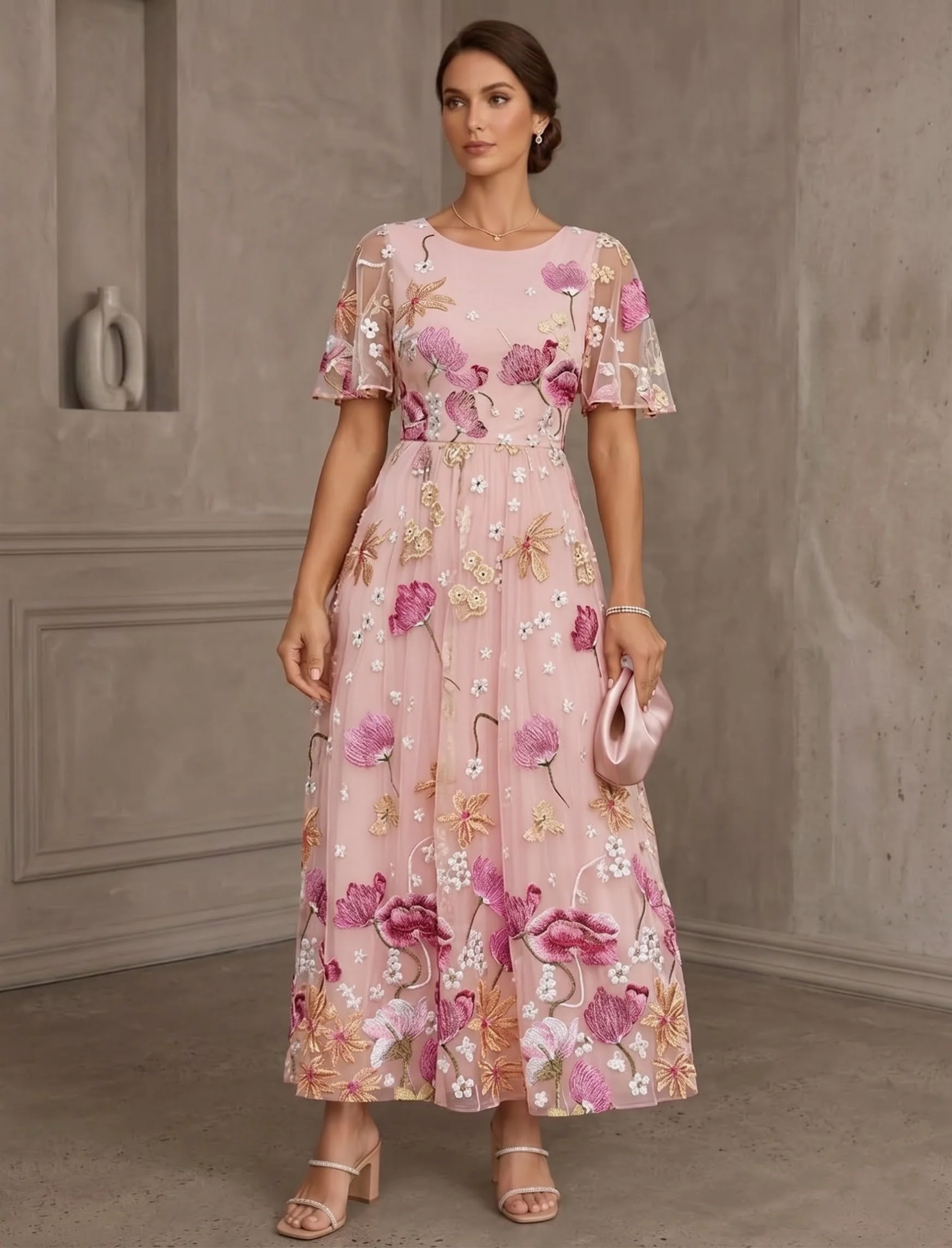 A-Line/Princess Scoop Lace Embroidery Mother of the Bride Dresses Floral Short Sleeves Ankle-Length - Image 3