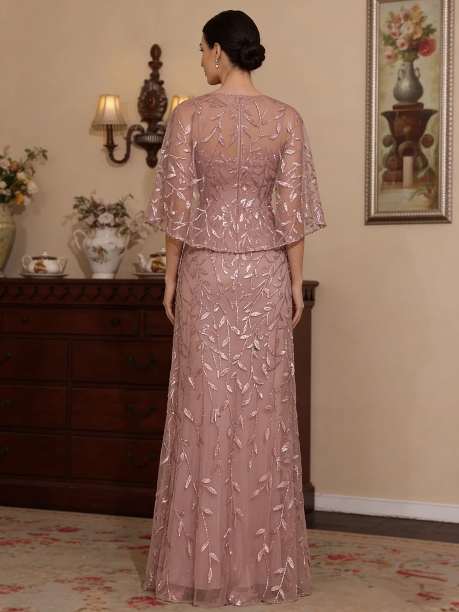 A-Line/Princess Scoop Lace Mother of the Bride Dresses Floor-Length Cape Sleeves Sequins Floral - Image 2