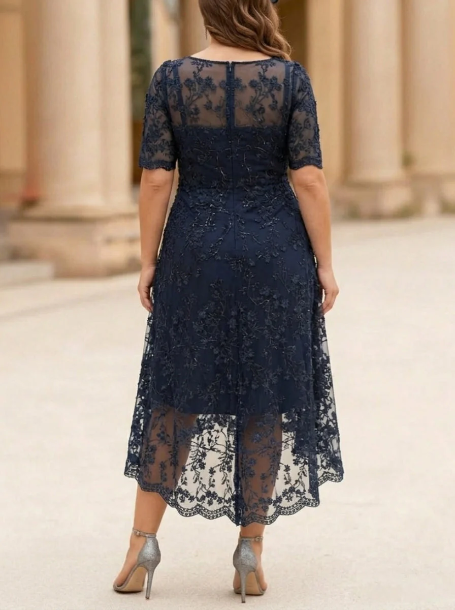 A-Line/Princess Scoop Lace Plus Size Mother of the Bride Dresses Tea-Length Half Sleeves - Image 2