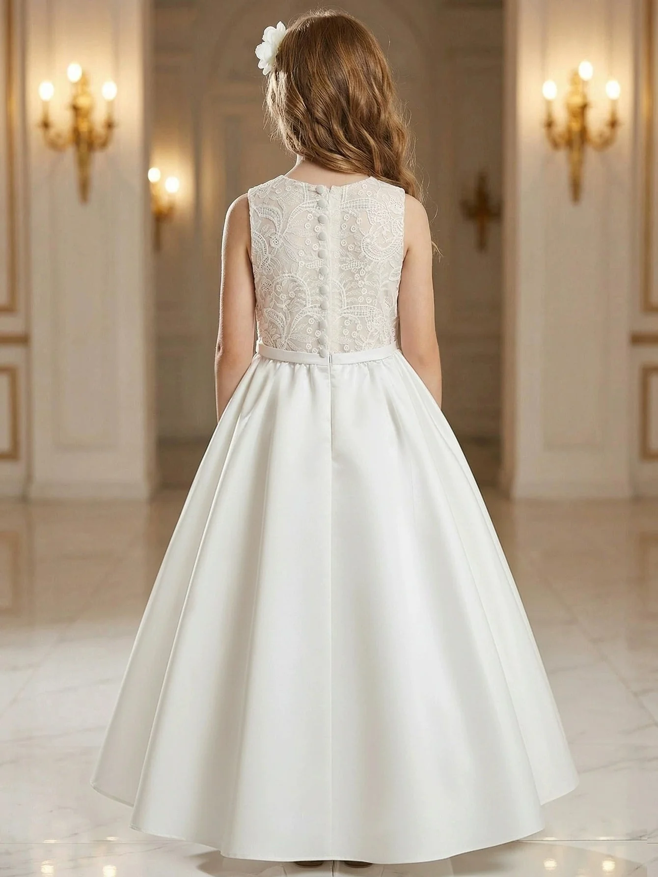 A-Line/Princess Scoop Lace Satin Flower Girl Dresses Sleeveless Ankle-Length With Bowknot - Image 2