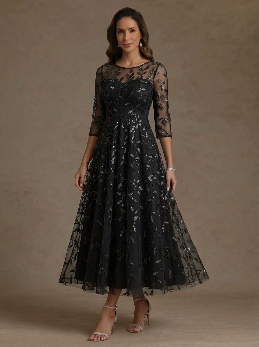 A-Line/Princess Scoop Lace Sequins Mother of the Bride Dresses 3/4 Sleeves Floral Tea-Length - Image 3