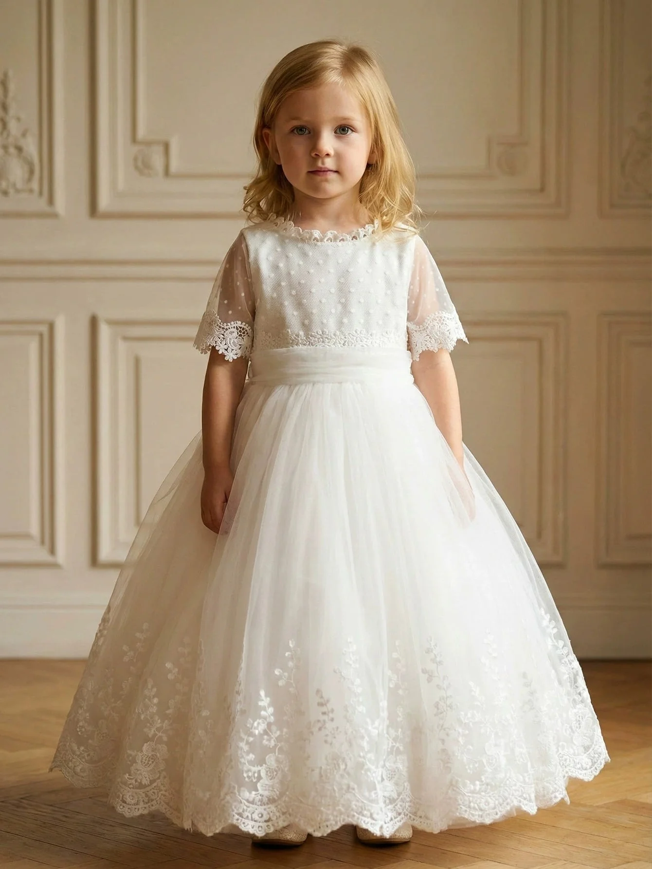 A-Line/Princess Scoop Lace Tulle Flower Girl Dresses Half Sleeves Floor-Length