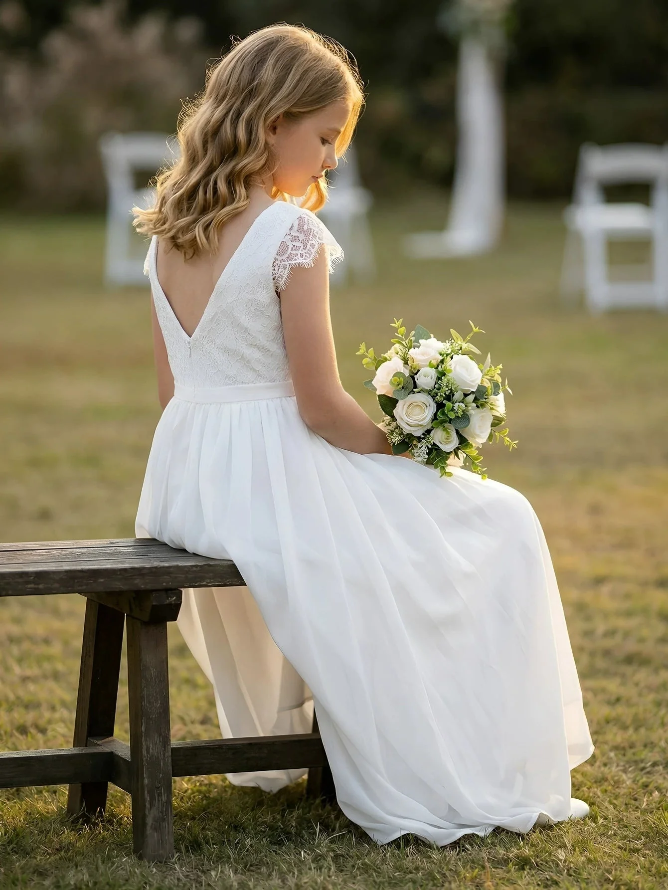 A-Line/Princess Scoop Lace Tulle Flower Girl Dresses Short Sleeves Ankle-Length With Bowknot - Image 2