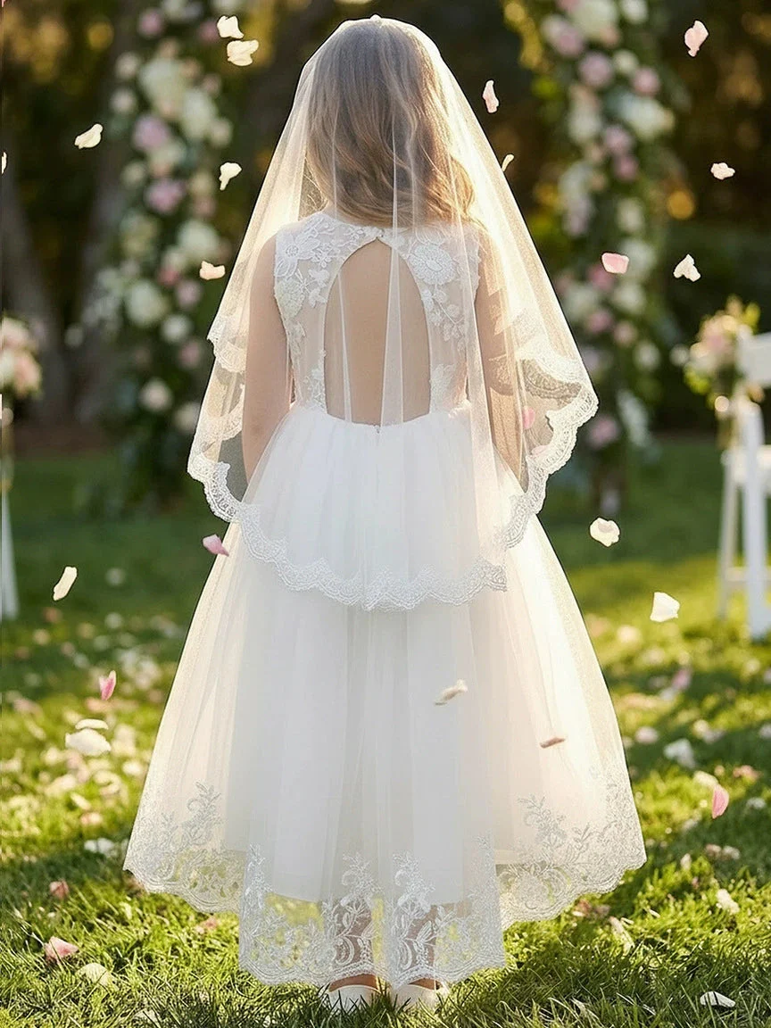 A-Line/Princess Scoop Lace Tulle Flower Girl Dresses Short Sleeves Asymmetrical Ankle-Length With Bowknot - Image 2