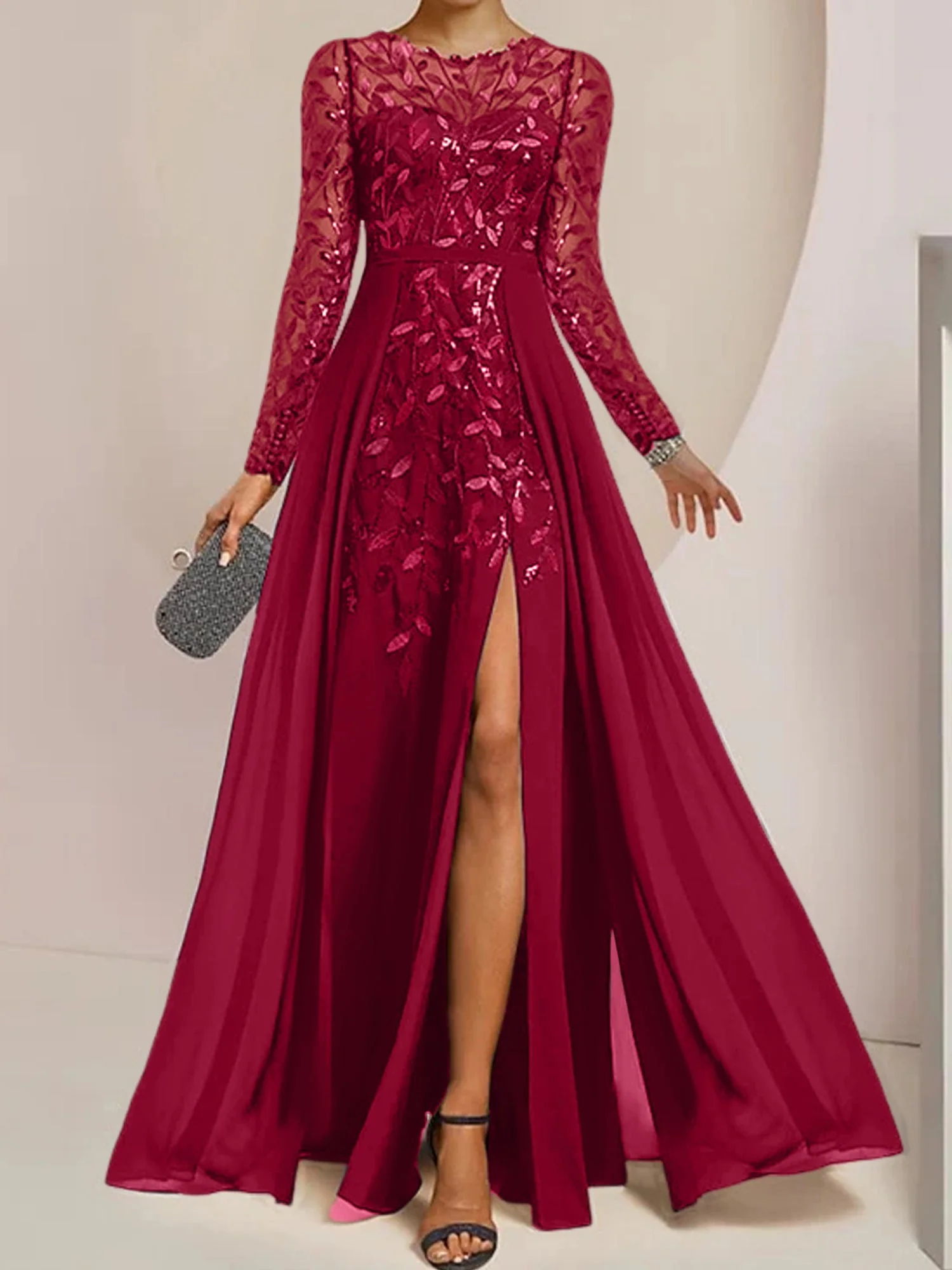 A-Line/Princess Scoop Long Sleeves Floor-Length Mother of the Bride Dresses with Split Side, Ruffles & Sequins - Image 25
