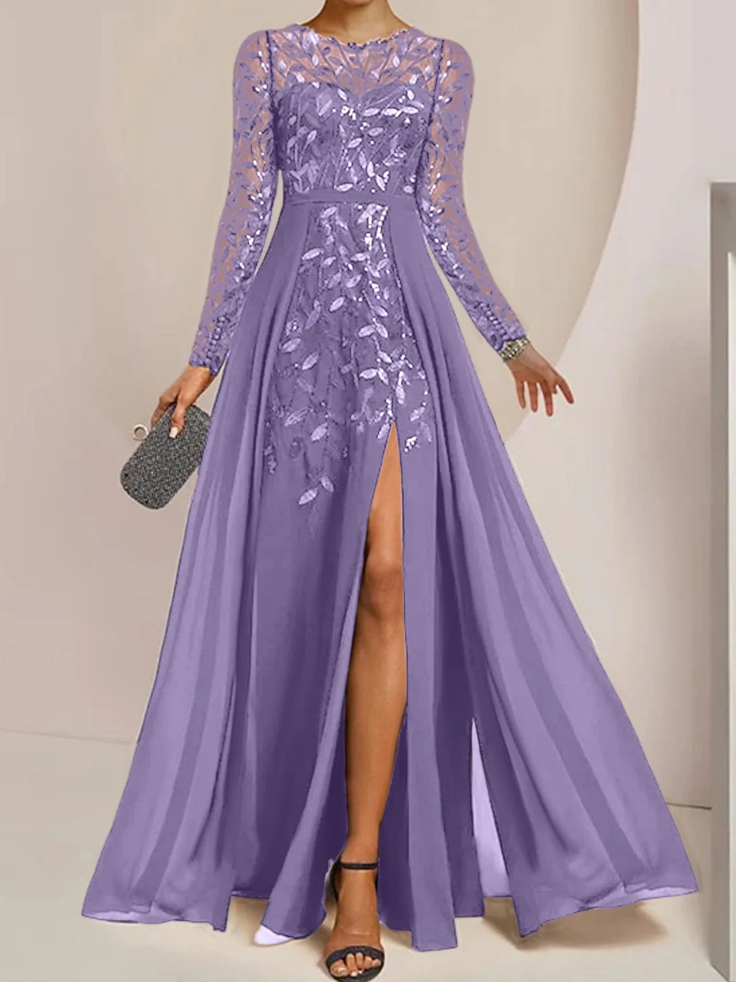 A-Line/Princess Scoop Long Sleeves Floor-Length Mother of the Bride Dresses with Split Side, Ruffles & Sequins - Image 26