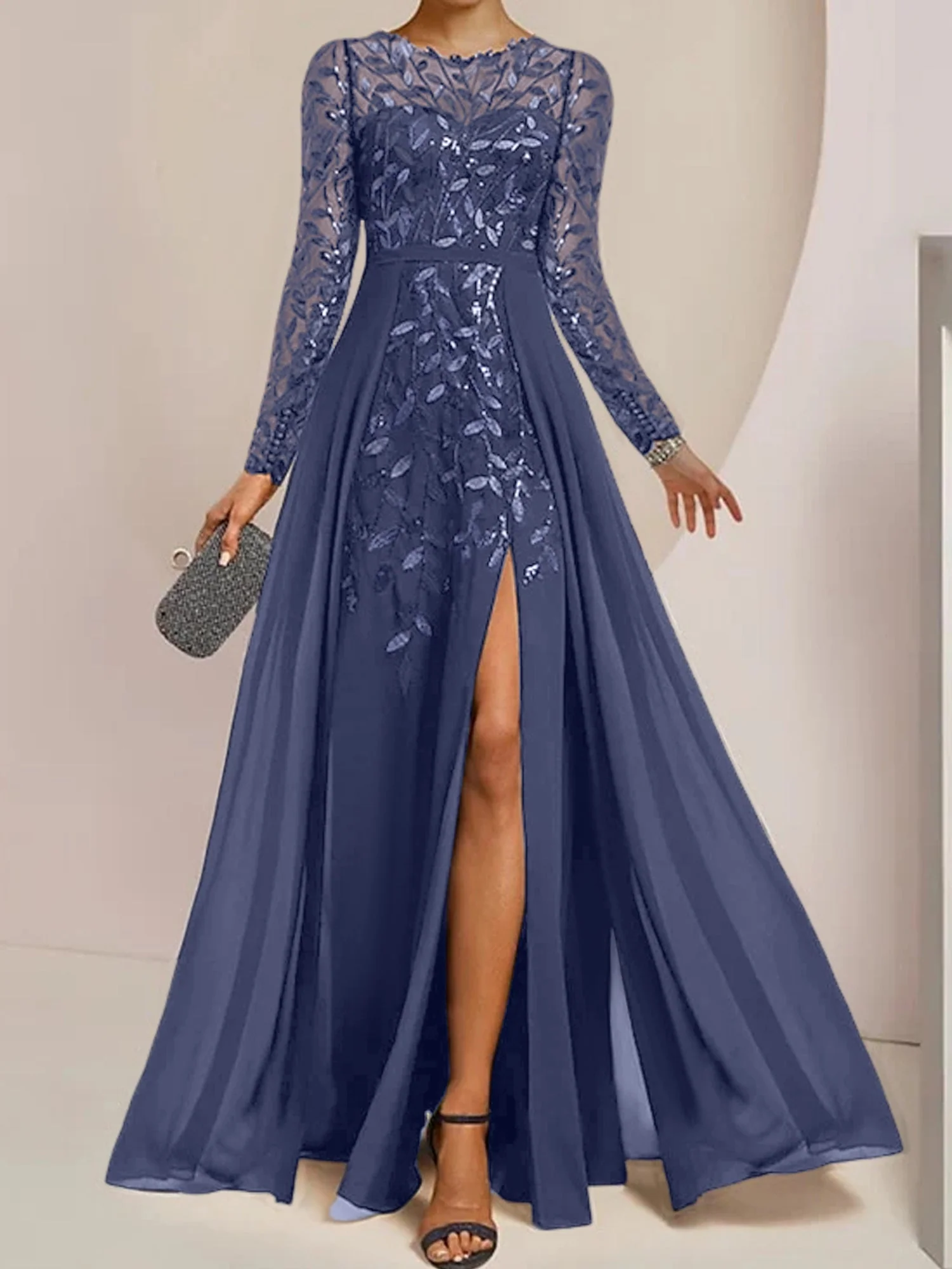 A-Line/Princess Scoop Long Sleeves Floor-Length Mother of the Bride Dresses with Split Side, Ruffles & Sequins - Image 42