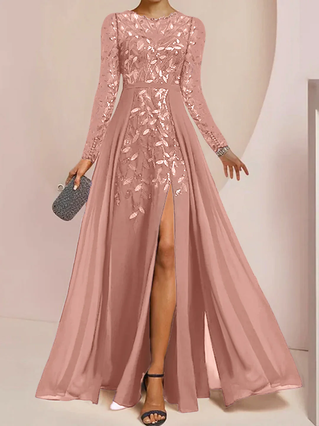 A-Line/Princess Scoop Long Sleeves Floor-Length Mother of the Bride Dresses with Split Side, Ruffles & Sequins - Image 45