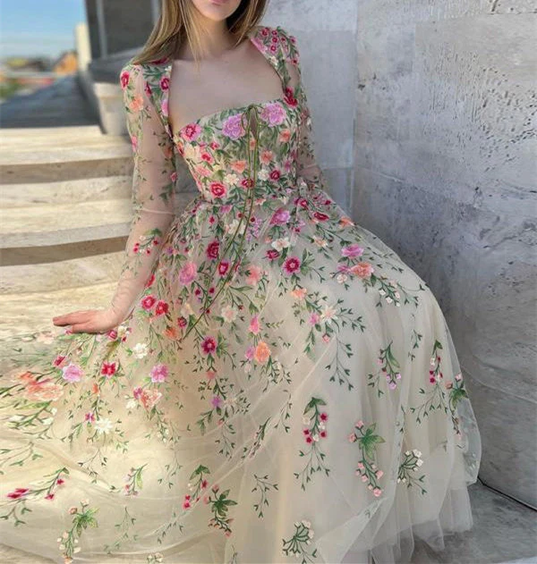 A-Line/Princess Scoop Long Sleeves Floor-Length Long Formal Evening Floar Dresses - Image 3