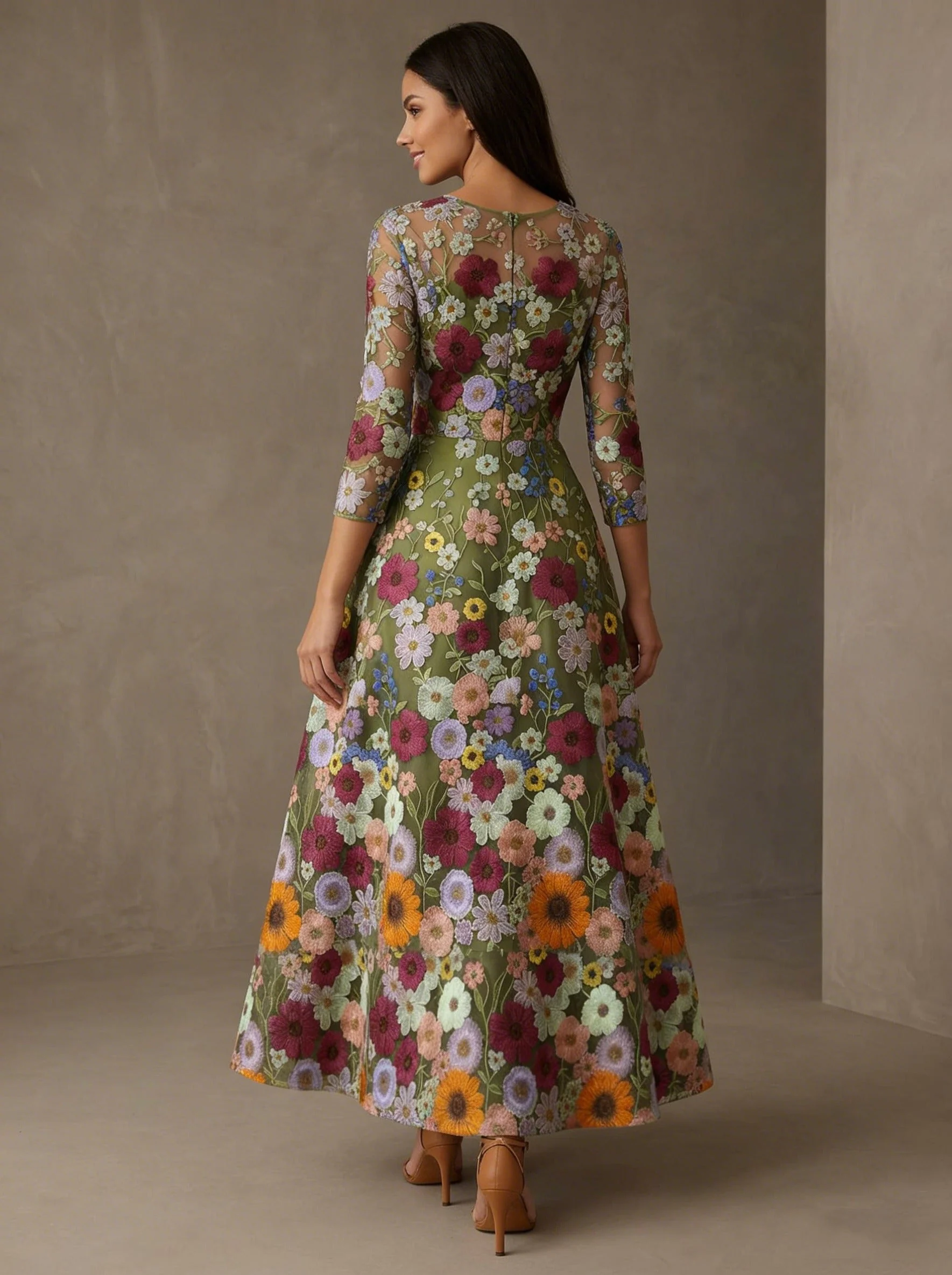 A-Line/Princess Scoop Mother of the Bride Dresses Floral Lace Ankle-Length 3/4 Sleeves - Image 2