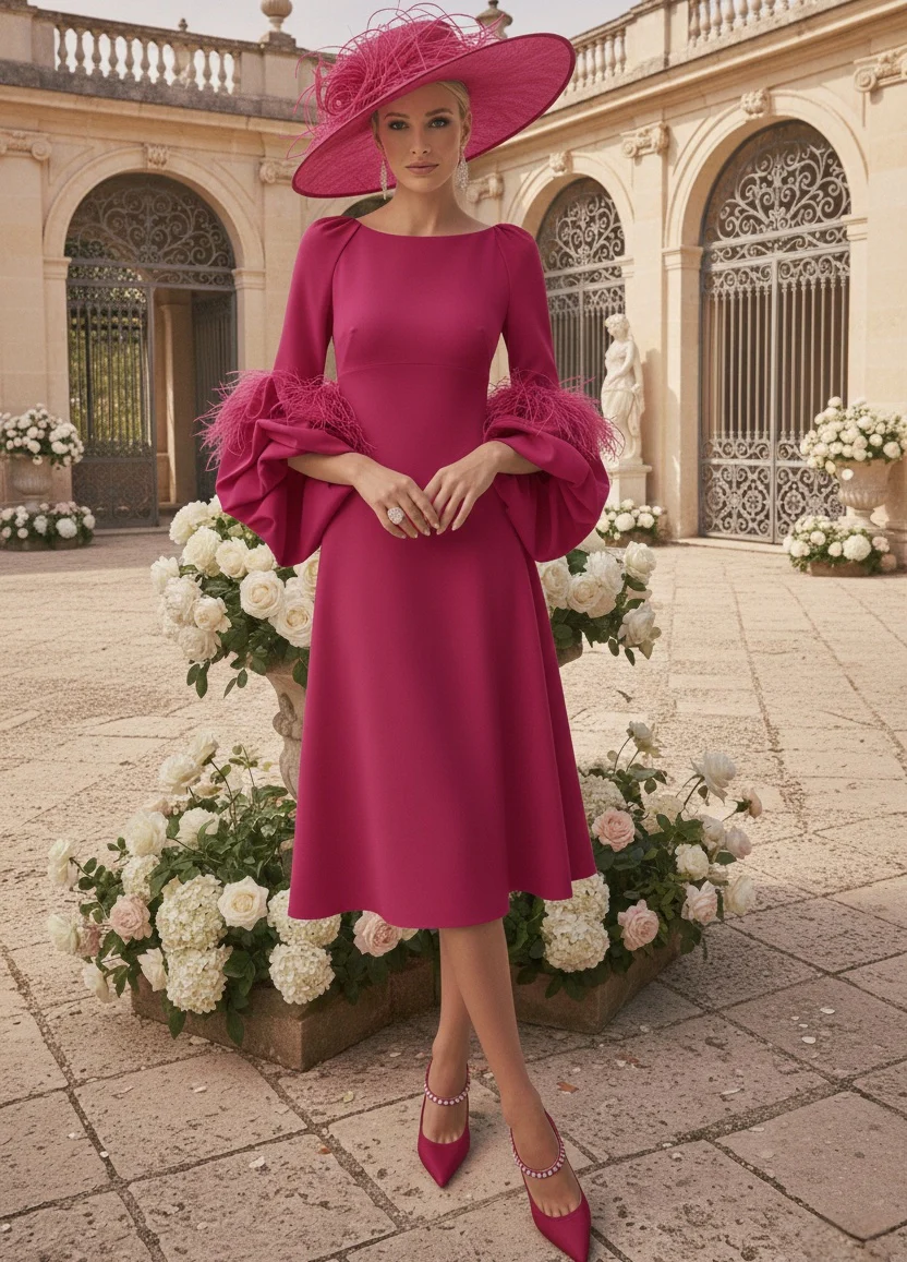 A-Line/Princess Scoop Mother of the Bride Dresses Stretch Satin Tea-Length Long Sleeves with feathers - Image 4